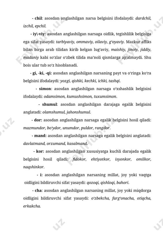 , buzuqi, yig‘loqi, jizzaki, jirtaki. -kin\-qin-\-g‘in. fe’l asosiga qo‘shilib, holat, xususiyat ma’nosidagi sifat yasaydi: tushkun, jo‘shqin, ozg‘in, turg‘un. -mon. asosdan anglashilgan harakatni bajarish qobiliyati kuchli ekanligini anglatuvchi sifat yasaydi: bilarmon, o‘larmon, yeyarmon. -ag‘on. fe’ldan anglashilgan harakatni bajarish qobiliyati kuchli ekanligini anglatuvchi sifat yasaydi: topag‘on, bilag‘on, chopag‘on. -mas. harakatning inkoriy belgisi bo‘lgan sifat yasaydi: yengilmas, o‘tmas, qo‘rqmas, ajralmas, qaytmas, buzilmas. -ch. faqat fe’ldan sifat yasaydi: jirkanch, tinch, shoshilinch, tiqilinch. - qoq\-g‘oq: harakatni bajarishga moyilligi kuchli ekanligini anglatuvchi sifat yasaydi: qochqoq, yopishqoq, urushqoq, tirishqoq. - ildoq. taqlid so‘zlardan sifat yasaydi: likildoq, shaqildoq. 2-§. kompozitsiya usuli. turli turkumlarga oid so‘z shakllarining tilda mavjud bo‘lgan sintaktik qoliplar asosida qo‘shilishi orqali bitta belgi ifodalashga xoslangan yasama sifatlardir. bu usul ham hozirgi o‘zbek tilidagi mahsuldor yasalish usullaridan bo‘lib, qismlarning sintaktik aloqasiga ko‘ra quyidagicha guruhlarni tashkil qiladi: 1) aniqlovchi-aniqlanmish: olachipor, ochsariq, to‘q qizil, qiziqqon, ochko‘z, kaltafahm; 2) to‘ldiruvchi-to‘ldirilmish: tinchliksevar, izquvar, muzyorar, ishbilarmon; 3) hol-hollanmish: ertapishar, tezoqar. qo‘shma …