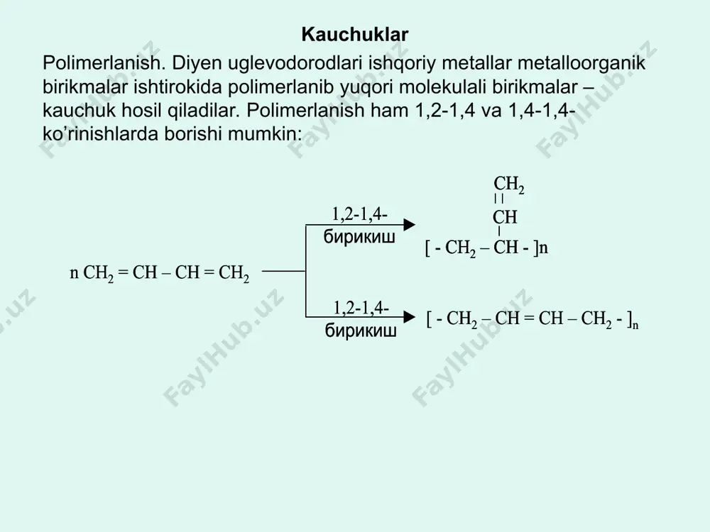 a,b,c va d moddalarni aniqlang? zn br2 koh(sp) br2 1,4-dixlorbutan → a → b → c → d 7. 1360 g 4%-li bromli suvni rangsizlantirish uchun pentin, pentadiyen va pentendan iborat aralashmadan (pentenning hajmiy ulushi 30%) qancha hajm (l, n.sh.) sarflanadi? 4,48 8. hcl koh(sp) kmno4+h2o al2o3, t0 hbr (ch3)2chc(ch3)ch2 → a → b → c → d → e. oxirgi (e) maxsulotni aniqlang? 9. 1 2 3 butan → 2-metilpropan → izobuten → 3-xlor-2-metilpropen-1. o’zgarishlar borishi uchun zarur bo’lgan shartlarini (katalizatorlar va sharoitlar) aniqlang? fecl3 b) harorat c) alcl3 d) koh(spirt) e) lialh4 j) cr2o3 z) quyosh nuri k) yuqori bosim 10. propin bilan atsitilen o’zaro dimerlanishidan hosil bo’ladigan moddani aniqlang? penten-2-in-3 ch 3 – ch 2 – ch 2 – ch 3 ch 2 = ch – ch 2 – ch 3 + h 2 cr 2 o 3 600 0 c ch 2 = ch – ch …