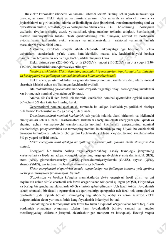 shlandi. 1926 yil o‘zbekiston energetikasining birinchisi, o‘sha vaqtda o‘rta osieda eng kata bo‘lgan 2 ming kvt quvvatli bo‘zsuv gesini birinchi navbati ishga tushdi. respublikada quvvat o‘sishini asosini o‘zbekiston energetika tizimi tuzilgan paytda (1934 y) chirchiq-bo‘zsuv yo‘nalshidagi 180 ming kvt quvvatli ketma-ket qurilgan suv elektr stansiyalari tashkil etdi. ko‘rsatilgan elektr stansiyalarda yagona quvvati 150 dan 300 ming kvt bo‘lgan 30 dan ortiq zamonaviy energetika bloklar o‘rnatilgan. loyiha quvvati 3,2 mln. kvt va yagona energetika blokini quvvati 800 ming kvt li o‘rta osiyoda eng katta bo‘lgan tolimarjon issiqlik dres ni qurilishi davom etmoqda. suv ekergetikasi o‘zbekiston respublikasini energetika vazirligi sistemasidagi bir necha suv elektr stansiya kaskadlari bilan belgilangan. bulardan o‘rta-chirchiq ges lar kaskadi suv havzasiga ega va shu sababli 600 ming kvt quvvatli chorvoq gesi va 165 ming kvt quvvatli xodjikent gesi quvvatni rostlash tartibida ishlaydi. qolgan ges lar esa asosida suv okimi bo‘lgan tartibda ishlaydi. energetika respublika kompleks xo‘jaligining asosiy sohasi …