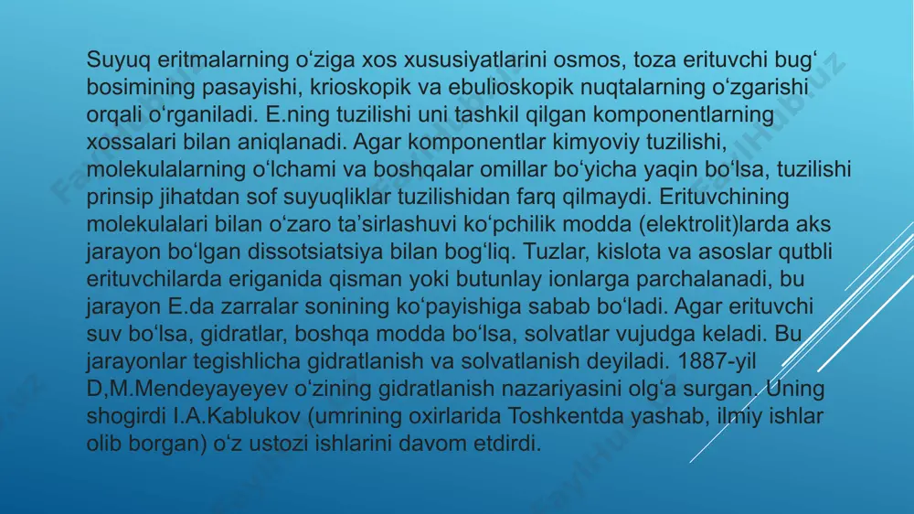 raul qonunlariiga asoslanib erituvchida erigan moddalarning mol. m. aniqpanadi. erituvchi muzlash temperaturasining pasayishiga karab mol.m.ni aniqlash usuli — krioskopik usul, qaynash temperaturasining kutarilishiga qarab aniqlash usuli esa ebulioskopik usul deb ataladi. qonunlar 1882—88 yillarda f.m.raul tomonidan kashf etilgan.[1] image1.jpeg image2.jpeg image3.jpeg /docprops/thumbnail.jpeg