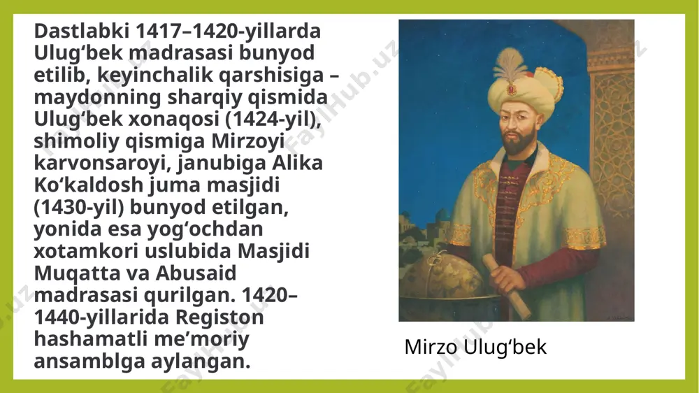 illari boshida sovet hokimiyatining farmoni bilan madrasada dars berish toʻxtatildi. bino milliylashtirildi va 1924-yilda restavratsiya ishlari boshlandi. xujralar taʼmirlandi, portal arkining gʻishtli gumbazining qulab tushgan qismi qayta tiklandi, bosh portal timpanasining oʻyilgan mozaikasi mustahkamlandi, uning deformatsiyaga uchragan gumbazi demontaj qilindi va qayta yotqizildi, hujralarning gumbazlari tiklandi, qayta qurildi, madrasa fasadlarining qoplamasi tiklandi. xx asrning 50-yillari oxirida madrasa hududida arxeologik tadqiqotlar olib borildi, shundan soʻng qayta tiklashning yangi bosqichi boshlandi. 1960–1962-yillarda madrasa minoralari taʼmirlandi, 1962-yilda rassom v. n. goroxov va meʼmor a. i. freytag loyihasiga koʻra bosh portal ark ustidagi timpan mozaikasi tiklandi. madrasani qayta tiklash va mustahkamlash ishlari 1965–1967-yillarda yakunlandi. madrasa tarhi toʻrtburchak, 2 qavatli. bosh tarzining 2 qanotida qovurgʻali gumbaz va minoralar joylashgan. peshtoq ravogʻi ichkarisidagi koshinkori bezak orasida qora zaminli koshinga oq harflar bilan meʼmor abdujabbor nomi yozilgan. qanoslaridagi qizgʻish zarhal tusli sher oq ohuni quvmoqda. quyosh bodomqovoq, qiyiq koʻzli qilib tasvirlanib, yuzi zarhal tusli yogʻdu bilan hoshiyalangan. …