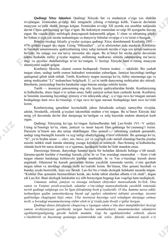 , ulardan tegishli xulosalar chiqarilgan. bu — o‘sha davr uchun tabiiy hol edi, ya’ni u — davrning inson ongida aks etishi, kundalik turmush hodisalarining oddiy bir tarzda ifodalanishi edi. aynan ana shu hol tabiiy bilimlar rivojiga, garchand sodda tarzda bo‘lsa-da, aksariyat hodisalarning falsafiy asosda izox,lanishiga sabab bo‘lgan. ikkinchi holatda esa, hali tabiat kuchlarining qarshisida nihoyatda ojiz bo‘lgan odamzod, albatta, tevarak atrofdagi voqea-hodisalarni mifologik izohlashi tabiiy bir hol edi. shu bilan birga,odamning mavjudlik xossalarini va olam qonuniyatlarini ilmiy tushunish ko‘nikmasi hali shakllanib ulgurmagan o‘sha qadim zamonlarda, afsona hamda rivoyatlarga asoslanib fikr yuritmaslikning imkoni ham yo‘q edi. bu — o‘sha davrlardan qolgan yozma manbalarda, xususan, “xo‘jayinning o‘z quli bilan hayotining mazmuni haqida suhbati”, “arfist qo‘shig‘i” , “o‘z hayotidan hafsalasi pir bo‘lgan kishining o‘z joni bilan suhbati” kabi bitiklarda yaqqol namoyon bo‘lgan. ularda hayotning, umrning mazmuni, o‘sha davrdagi odamlargaxos tuyg‘ular bayon qilingan. qadimgi misr va bobilda shakllangan falsafaning eng asosiy xususiyati shundan iborat …