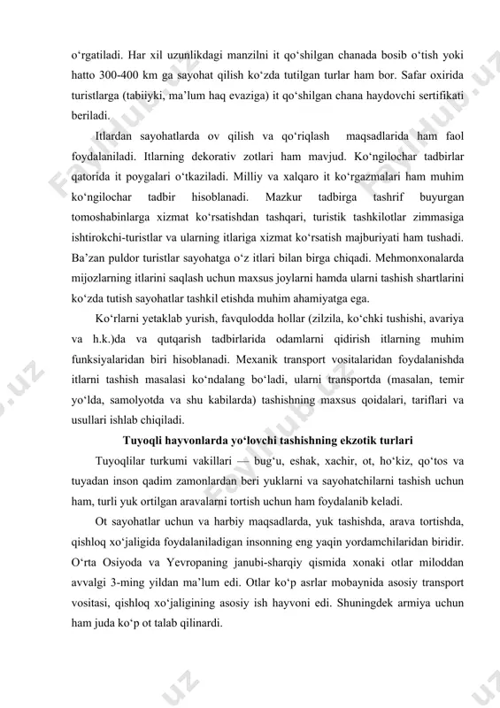 chun ham juda ko‘p ot talab qilinardi. dunyodagi barcha mamlakatlarda 250 dan ziyod ot zotlari mavjud. shundan 50 dan ortiqrog‘i mdh mamlakatlarida va 8 tasi o‘zbekiston hududida urchitiladi. hozirgi zamon otlari bir-biridan tana tuzilishi bilan farq qiladi. shular jumlasiga egarlab salt miniladigan otlar; salt miniladigan, aravaga yoki chanaga qo‘shiladigan yo‘rg‘a ot zotlari; og‘ir yuklarni tortadigan yukchi otlar kiradi. qishloq xo‘jaligida mexanizatsiyalashning rivojlanishi bilan ot boqiladigan ko‘pchilik mamlakatlarda xx asr o‘rtalaridan boshlab otning ot sporti, turizm, go‘sht va qimiz olish uchun mo‘ljallangan zotlari yetishtirilmoqda. poni — kichkina ot, bolalar uchun ayniqsa qiziqarli, bolalar parklari tomoshalari tizimida keng qo‘llaniladi. maxsus yetishtiriladi. janubiy qutbni zabt etishda skott ekspeditsiyaga bir nechta chidamli poni olib ketgan. ot yetishtirish xo‘jalik tarmog‘iga aylangan. eron, hindiston va boshqa mamlakatlarda yo‘rtoqi otlarning maxsus zotlari yetishtirilgan. yevropada ritsarlar uchun kuchli ot zotlari yetishtirilgan, og‘ir yuk tortadigan va qishloq xo‘jaligi uchun mo‘ljallangan ot zotlari paydo bo‘lgan. otlardan harbiy maqsadlarda ham keng …
