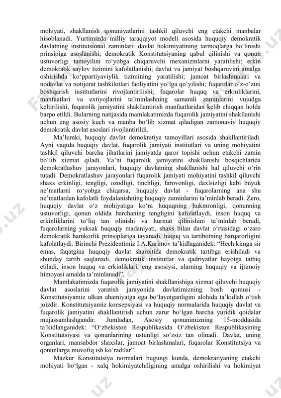 taraf etish va shu sababli iqtisodiyot tuzilmalari haddan tashqari bir tomonlama rivojlanganligiga, sobiq markaz o‘tkazib kelgan yakkahokimlik siyosatining natijasi bo‘lmish qaramlikka, ya’ni texnologiya va resurs jihatdan boshqa respublikalarga qaram bo‘lib qolishga barham berish hal qiluvchi ahamiyat kasb etmoqda. keyingi o‘n yillar mobaynida ma’lum qadriyatlarga ega bo‘lgan kishilarning muayyan ijtimoiy ongi shakllanganligini ham e’tiborga olmaslik mumkin emas. bir tomondan, bu ijtimoiy tenglikka, kafolatlangan mehnat qilish huquqiga, yalpi bepul ta’lim va tibbiy xizmatga qat’iy tarafdorlikka intilishida namoyon bo‘lmoqda. ikkinchi tomondan esa, yakkahokimlikdan iborat ma’muriy-buyruqbozlik tizimi keltirib chiqargan insonni mulkka egalikdan va xo‘jayinlik tuyg‘usidan begonalashtirilganligi, tayyorga ayyorlik ruhiyati yuzaga keltirilganligida ko‘rinmoqda. yuqorida qayd etilgan o‘ziga xos shart-sharoitlar ham alohida, ham birgalikda hozirgi bosqichda o‘zbekiston ichki va tashqi siyosatining o‘ziga xos xususiyatlarini belgilab beradi. yangilanish va ijtimoiy taraqqiyotning o‘zimiz tanlagan yo‘li - murakkab jarayon bo‘lib, respublika ijtimoiy turmushining iqtisodiy, siyosiy, ijtimoiy, ma’naviy-madaniy va boshqa barcha sohalarini qamrab oladi. bu yo‘l mustaqil o‘zbekiston ichki va …
