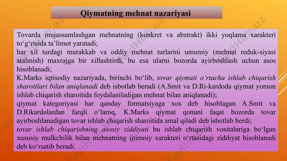 rta 300 yildan so‘ng aholining o‘sishi 9096 marta tirikchilik vositalari 13 marta avlodni davom ettirish instinkti aholining o‘sish potensiali aholi o‘sishini cheklovchi omillar oldini olish choralari: tug‘ilishning kamayishi real omillar: o‘limning ortishi axloqiy xususiyatdagi cheklashlar sog‘liq sustligi noo‘rin hayot kambag‘allik tirikchilik vositalarining cheklanganligi aholining o‘sishini cheklovchi omillar mahsulotlar realizatsiyasi nazariyasi. tomas maltus iqtisodiy fanda jamg‘arish va iqtisodiy o’sish muammosini ikkinchi o’rinda qoldirgan holda, mahsulotlar reali-zatsiyasi tahlilini birinchi o’ringa qo’yadi. mahsulotlar realizatsiyasi nazariyasining mohiyati: tovar qiymati xaridor uchun ishlab chiqarish xarajatlari bilan aniq-lanadi, ya’ni mehnat va kapital sarflari avanslangan kapitalga olin-gan foyda bilan aniqlanadi; bu qiymatlarning realizatsiyasi xaridorlarning zarur yalpi talabi or-qali ta’minlanishi mumkin; realizatsiya jarayoni ortiqcha ishlab chiqarish krizislari tufayli uzi-lishi mumkin, chunki ishchilar va tadbirkorlar ba’zan iste’mol to-varlariga ham, ishlab chiqarish uchun mo‘ljallangan tovarlarga ham zarur talabni keltirib chiqara olmaydi; realizatsiya muammosini yechish va krizislarni bartaraf etishga mulkdor ham, ishchi ham hisoblanmaydigan sinflar va qatlamlar-ning qurbi etadi, ular maltus …