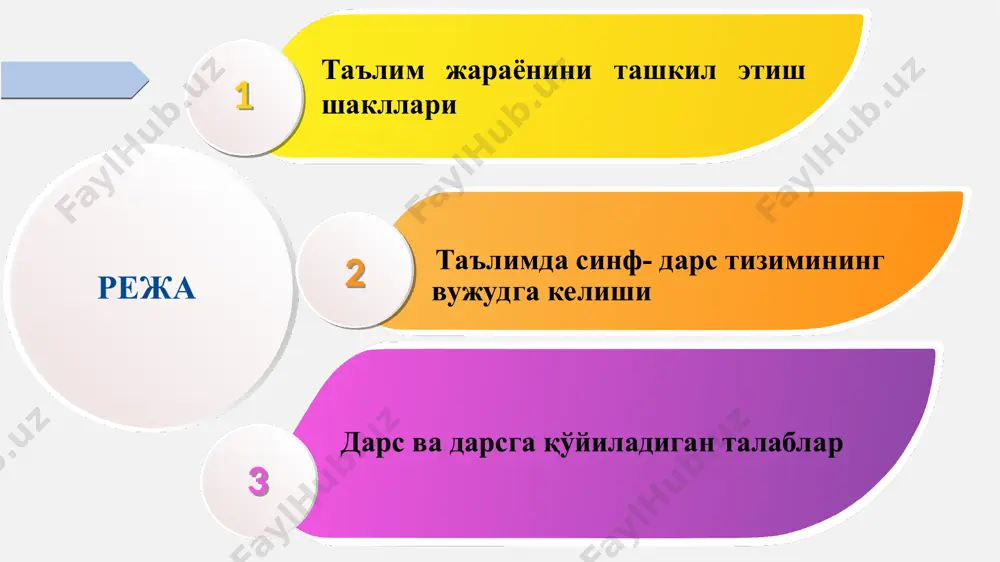 ги, ўқитиш ва ўқишга қаратилган аниқ ҳаракатлар, амаллар ёки усуллар мажмуаси сифатида жорий этилди. «таълим методи” атамаси билан бирга кўп ҳолларда «методик усул” тушунчаси ҳам қўлланилади. у таълим методининг таркибий қисми, унинг муҳим унсури, методни жорий қилишдаги алоҳида қадам сифатида таърифланади. ҳар бир таълим методи муайян таълим ёки ўқитиш усуллари орқали жорий этилади. методик усулларга қуйидагилар киради. намойиш этиш (кўргазмали, объектив – тажриба, амалий ва ақлий ҳаракатни намойиш этиш, топшириқ бериш, масалани қўйиш, йўл-йўриқ кўрсатиш. таълим методлари қуйидаги мезонлар асосида аниқланади: - дидактик мақсад асосида; - таълим мазмуни асосида; - талабаларнинг ўқув кўникмаларини эгаллаш ва ривожланиш даражаси асосида; - ўқитувчининг тажрибаси ва касбий тайёргарлик даражаси асосида. таълим тизимида талабаларга билим беришнинг энг қулай имкониятларга асосланган ҳолда таълим ёки ўқитиш усулларини қуйидаги турларга бўламиз. ўқитишнинг оғзаки усуллари. ўқитишнинг кўргазмали усуллари. ўқитишнинг амалий усуллари. ўқитишнинг муаммоли — изланиш ва репродуктив усули. ўқитишнинг индуктив ва дедуктив усуллари. мустақил иш усуллари. ўқувчиларнинг ўқув фаолиятларини …