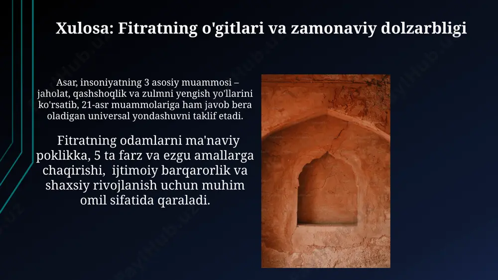 olib keluvchi asosiy omil sifatida ko'rsatiladi. kitobda 2 ta ijtimoiy guruhning – mehr-oqibatli va mehr-oqibatsizlarning o'zaro munosabatlari, ularning 1:3 nisbatdagi son jihatidan farqi va jamiyatga ta'siri tahlil qilinadi. fitratning "rahbari najot" asariga kirish fitrat "rahbari najot"da ikki toifadagi baxtsiz odamlarni – 1) moddiy ehtiyojlarga berilib ketganlar va 2) ma'naviy qashshoqlarni – tahlil qilib, ularning hayotdagi noto'g'ri yo'llarini ko'rsatadi. asarda 7 ta bob mavjud bo'lib, har bir bobda insonning kamchiliklari va ularni yengish yo'llari, xususan, axloqiy-ma'naviy barkamollikka erishish masalalari batafsil bayon etilgan. ma'naviy tarbiyaning ahamiyati ma'naviy tarbiya shaxsning 5 ta asosiy fazilatini – adolat, saxovat, halollik, mehr-oqibat va mas'uliyatni shakllantirishda muhim rol o'ynaydi. ma'naviy yetuk shaxslar jamiyatdagi ijtimoiy muammolarni 20% gacha kamaytirishga hissa qo'shishi mumkinligi statistik ma'lumotlar orqali tasdiqlangan. e'tiboringiz uchun rahmat @taqdimot_robot image1.jpg image2.jpg image3.jpg image4.jpg image5.jpg image6.jpg image7.jpg image8.jpg image9.jpg image10.jpg image11.jpg image12.jpg image13.jpg image14.jpg image15.jpg image16.jpg image17.jpg