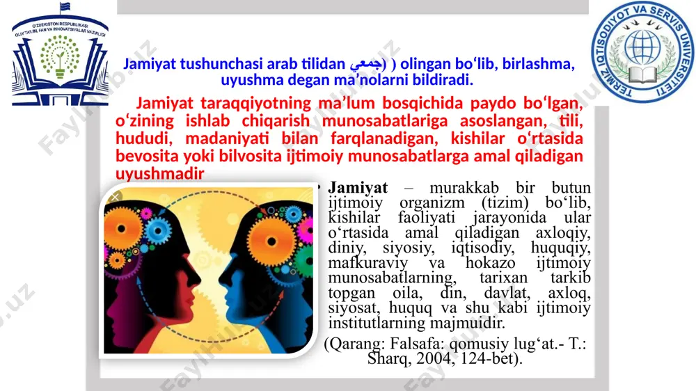 atni anglash; 2. dunyoda tinchlik o‘rnatish; 3. qashshoqlikka qarshi kurash; 4. demografik «portlash»ga qarshi kurash; 5. zo‘ravonlikka qarshi ta’lim-tarbiyani jadallashtirish elvin eugene toffler (4-oktabr 1928-yil - 27-iyun 2016-yil) - zamonaviy texnologiyalarni, jumladan, raqamli inqilob va kommunikatsiya inqilobini muhokama qilgan ishlari bilan mashhur bo'lgan amerikalik yozuvchi, futurist va biznesmen axborotlashgan jamiyat tushunchasi amerikalik faylasuf, sotsiolog elvin toffler tomonidan iste’molga kiritilgan, u postindustrial jamiyatni axborotlashgan jamiyat, deb ataydi. axborotlashgan jamiyat deganda informatsiya, ijodiyot va intellektual texnologiyaning ahamiyati ortib borgan jamiyat nazarda tutiladi. bu jamiyat kompyuterlar, lazer texnikasi, biotexnologiya, gen injeneriyasi, informatika, elektronika, televideokommunikatsiya rivoji bilan bog‘liq ravishda mavjud bo‘la oladi. axborotlashgan jamiyatda asosiy e’tibor mashinalarni o‘zgartirishga emas, balki kishilar ongi va madaniyatini o‘zgartirishga qaratiladi. abu nasr forobiy (873-950) ijtimoiy falsafa fani doirasida ideal jamiyatga nisbatan «fuqarolik jamiyati» tushunchasi qo‘llanadi. garchi fuqarolik jamiyati tushunchasi iste’molga nisbatan keyin kiritilgan hisoblansa-da, aslida u haqidagi falsafiy fikrlar qadimiy davrlardan shakllangan. aristotel «siyosat» asarida fuqarolik jamiyati muammosiga …