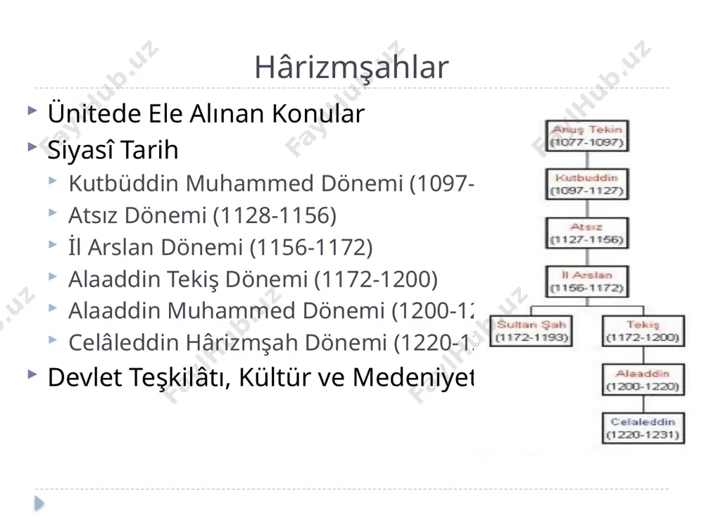 , otuz yıl hârizm’i yönetti. selçuklu sultanlarının emirlerine harfiyen uydu, her yıl düzenli olarak vergi ve hediyelerini takdim etti, sülâlesinin gelecekteki faaliyetlerine uygun bir zemin hazırladı. otuz yıl süre ile harezm'i yöneten kutbüddin muhammed, iyi bir yönetici, anlayışlı bir siyaset adamı idi. zamanında harezm, büyük bir ilerleme gösterdi. si̇yasî tari̇h devlet teşki̇lâti, kültür ve medeni̇yet hârizmşahlar kurulduğu coğrafya ve siyasî ilişkilerinin doğal bir sonucu olarak orta çağ i̇slâm devletlerinin ortak özelliklerinden etkilendiler. bilhassa hükümdarlık anlayışı, veraset usulü ve saray teşkilâtında büyük selçuklu devleti'ni örnek aldılar. onlarda da hükümdar, selçuklu sultanlarıyla aynı yetkilere sahipti. devletin hâkimiyet sahasının genişlemesine paralel olarak saray teşkilâtı, teşrifat usulleri, lâkap ve unvanlar daha tantanalı ve daha azametli bir hal aldı. hârizmşah sarayında hâcib-i hass, havas adını taşıyan nedîmler, taştdâr, silâhdar, câmedar, emîr-i alem, emîr-i âhur/mîrâhur, emîr-i şikâr, devâtdâr, çaşnigîr, müneccim gibi saray emir ve görevlileri vardı. sarayda uygulanan usuller ise daha çok törenlerde kendini gösterirdi. örneğin, …