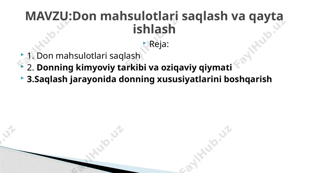 o ‘pchiligi zaharli bo‘lishi mumkin. shuning uchun donlar saqlashga joylashtirilishidan oldin yaxshilab tozalanishi lozim. donning sifati va saqlanuvchanligi ko‘p jihatdan yig‘im-terim jarayonlariga ham bog‘liqdir. m azkur jarayonlar qanchalik sifatli tashkillashtirilsa, hosil sifati va miqdori shuncha yuqori bo‘ladi. yig‘im-terim ishlarini o‘z vaqtida va qisqa muddatda tug‘allash, nobudgarchilikning oldini olish, don ekinlaridan m o‘l hosil yetishtirishning asosiy garovidir. don ekinlari 2 xil usulda yig‘ib olinadi: - to ‘g ‘ridan-to‘g ‘ri; - avval o‘rib, keyin yig‘ib olish. don ekinlari hosilini avval o ‘rib keyin yig‘ib olish asosiy usul hisoblanadi. bunda donlar mum pishiqlik davrida о ‘ruvchi mashinada yerdan 15 sm balandlikda o ‘rilib, quritish uchun an‘gizga tashlab ketiladi. donning to ‘la pishib yetilishi quritish paytiga to 'g 'ri keladi. quritilgan don maxsus mexanizatsiyalar yordamida yig‘ishtirib olinadi va yanchiladi. hosilni oldin о ‘rib keyin yig‘ib olish usulining afzalligi shundaki, bunda o ‘rim to ‘g‘ridan to ‘g‘ri yig‘ishga nisbatan 5-6 kun erta boshlanadi, nobudgarchilik keskin …