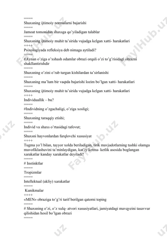 lanxolik, flegmatik, faollik; ==== xolerik, melanxolik, aqliy ++++ psixik tarakkiyotni yuzaga keltiruvchi faktorlarni toping? ==== # muxit, ta’lim tarbiya, irsiyat ==== oilaviy sharoit, irsiyat ==== muxit, ta’lim, uyin ==== maktab oila mahalla ++++ shaxsning guruhlarda ijtimoiy o’rnini aniqlashda qaysi metoddan foydalanish maqsadga muvofiq ==== # sosiometriya ==== suhbat ==== test ==== eksperiment ++++ sensibilizatsiya bu... ==== #mashq qilishi natijasida sezgi organlarini sezuvchanligi ortishi ==== bir sezgiga ta’sir etuvchi qo‘zg‘atuvchilar yig‘indisi ==== ko‘z gavharini moslashishi ==== predmetlarni u haqidagi ma’lumotlarni jamlangan holati ++++ idrok bu ... ==== # sezgi a’zolariga bevosita ta’sir etib turgan narsa va hodisalarning obrazlarining kishi ongida bir butun holda aks ettirilishidir ==== sezgi a’zolariga ta’sir etib turgan narsa va hodisalar ayrimlarini aks etishi ==== bor narsani noto‘g‘ri anglash ==== yo‘q narsani his qilish ++++ gallyusinatsiya – bu ... ==== # yo‘q narsani noto‘g‘ri idrok qilish ==== bor narsani noto‘g‘ri idrok qilish ==== idrokning shaxs va uning tajribasiga …