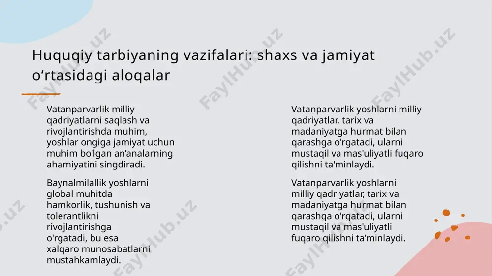 ng ijtimoiy muhitda amalga oshirilishi, yoshlarning qonunlarni tushunishi va odilona huquqiy munosabatlar shakllanishiga yordam beradi, jamiyat barqarorligini ta'minlaydi. tarbiyaviy jarayonda huquqiy bilimlarning ahamiyati va rivojlantirish yo‘llari. 1 huquqiy bilimlarning ahamiyati - huquqiy bilimlar fuqarolarning huquq va majburiyatlarini tushunishga yordam beradi, ularni huquqiy muhitda to‘g‘ri harakat qilishga tayyorlaydi. 2 rivojlantirish usullari - ochiq muloqot, seminarlar va amaliy mashg‘ulotlar orqali huquqiy bilimlar mustahkamlanadi, yoshlar huquqiy savodxonlikni oshirishga qiziqadi. 3 o‘quv dasturlarining roli - maxsus o‘quv dasturlari va kurslar huquqiy bilimlarni tizimli ravishda o‘rgatib, yoshlarning huquqiy ongini rivojlantirishda muhim. 4 innovatsion yondashuvlar - interaktiv texnologiyalar, simulyatsiyalar va onlayn platformalar huquqiy bilimlarni qiziqarli va samarali qilish uchun keng qo‘llaniladi. huquqiy tarbiyani tashkil etishda yoshlar bilan ishlashning muhim aspektlari. yoshlar bilan muloqot yaxshi muloqot yoshlar bilan ishonchli aloqalarni rivojlantiradi, ularning huquqiy bilimlarini oshiradi va faol qatnashishga rag‘batlantiradi. shaxsiy tayyorgarlik pedagoglar va mutaxassislar yoshlarning huquqiy bilim va ko‘nikmalarini rivojlantirish uchun individual yondashuv va tayyorgarlikni ta'minlashi muhim. …