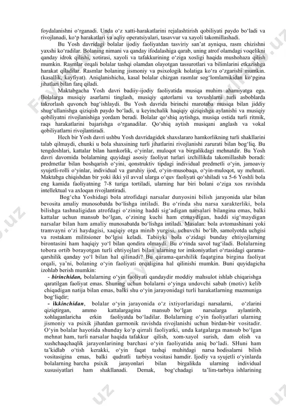 inlari jarayonida o‘xshatma qilib (ya’ni, analogik tarzda), har xil xayoliy narsalarni o‘ylab topadilar (uchar ot, odam mashina, gapiradigan daraxt kabilar). bundan tashqari, bolalarning turli xayoliy narsalarni o‘ylab chiqarishlari yana shuni anglatadi-ki, ular o‘zlarining har turli o‘yin faoliyatlarida faqat atroflaridagi bor narsalarni emas, balki ayni chog‘da ehtiyojlarini ham aks ettiradilar. bolalarning o‘yin faoliyatlarida turli hayoliy va afsonaviy obrazlarni yaratishlari odamning (shu jumladan, bolalarning ham) tashqi muhitdagi narsa va hodisalarni aks ettirish passiv jarayoni emas, balki faol, ijodiy yaratuvchanlik jarayoni ekanligidan dalolat beradi. bolalar o‘yin faoliyatining yana bir xususiyati bu o‘yin jarayonida bolaning qiladigan xatti-harakatlari va bajaradigan rollarining ko‘pincha umumiylik harakteriga ega bo‘lishidir. buni shunday tushunish kerakki, bola o‘zining turli-tuman o‘yinlarida faqat o‘ziga tanish bo‘lgan yolg‘iz bir shofyorning, vrachning, militsionerning, tarbiyachining, uchuvchining xatti-harakatlarnigina emas, balki umuman shofyorlarning, vrachlarning, tarbiyachilarning hamda uchuvchilarning xatti-harakatlarini aks ettiradi. bu yoshdagi bolalar o‘z vaqtining ko‘p qismini o‘yin bilan o‘tkazadi, ayniqsa 3 yoshdan 6-7 yoshgacha o‘yinlar ahamiyatli taraqqiyot …