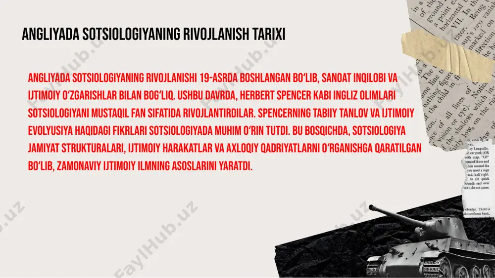 shga katta e'tibor qaratdi, ijtimoiy muvozanatni tushuntirdi. qo'shimcha ma'lumotlar ularning ishlari akademik va davlat siyosatida keng qo'llanildi, zamonaviy sotsiologiyaning asosiy poydevorini tashkil etadi. sotsiolog olimlar va ularning asarlari angliyada sotsiologiyaning rivojlanishida herbert spencer, emile durkheim va max weber muhim rol o‘ynagan. spencer ijtimoiy evolyutsiya nazariyasini ishlab chiqqan, durkheim ijtimoiy faktlar va an’analarga e’tibor qaratgan, weber esa ritsionalizatsiya va byurokratiyani tahlil qilgan. photo by aaron greenwood on unsplash sotsiologiyaning asosiy vakillari angliyada sotsiologiyaning rivojlanishida muhim rol o'ynagan asosiy vakillar: auguste comte, herbert spencer, va emili durkheim. ularning yutuqlari jamiyatni tushunishda muhim qadamlar bo'ldi. auguste comte sotsiologiyani ilmiy yo'nalishga aylantirgan va ijtimoiy statika hamda dinamik konseptlarni ishlab chiqqan. uning fikricha, jamiyat rivojlanishda davom etadigan jarayondir. herbert spencer evolyutsiya nazariyasini jamiyatga tatbiq etgan va biologik evolyutsiya bilan taqqoslagan. u naturalistik metodlarni qo'llashda muhim qadamlar tashlagan. emili durkheim ijtimoiy faktlarga katta ahamiyat bergan va ularning mustaqil mavjudligini ta'kidlagan. uning asarlari, ayniqsa, ijtimoiy qonunlar va …