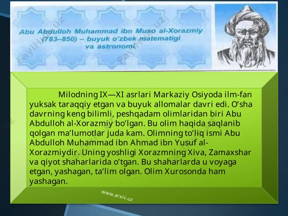 rammatika. 4. ish yurgizish. 5. she’riyat va aro’z. 6. tarix. «arab bo’lmagan» ilmlar (yunon va boshqa xalqlar): 1. nazariy falsafa: a) tabiiy ilmlar — tibbiyot (tib, samoviy hodisalar — meteorologiya, mineralogiya, alkimiyo, mexanika) — quyi; b) riyoziyot ilmlari (arifmetika, handasa, ilm an-nujum, musiqa) — o’rtanchi; v) ilohiy, ya’ni metafizika — oliy ilm; g) mantiq. www.arxiv.uz www.arxiv.uz * 2. amaliy falsafa: a) axloq — etika (odamni boshqarish); b) uyshunoslik (uyni boshqarish); v) siyosat (shaharni, mamlakatni boshqarish). «mafotih al-ulum»da ilmlar tasnifi har bir fanning predmetini aniqlash hamda ularning asosiy atamalarini qisqa va aniq bayon etish bilan birgaliqda olib boriladi. bu erda, biz zikr etganimizdek, abu abdulloh al-xorazmiy o’z tasnifida o’sha davr an’anasi, ya’ni ilmlarni ikkiga bo’lishni qo’llab-quvvatlab, shar’iy va falsafiy ilmlarga ajratadi. www.arxiv.uz www.arxiv.uz www.arxiv.uz xorazmiy o’z tasnifida musiqani riyoziyot ilmlariga qo’shadi va unda musiqaviy asboblar, tovushlarning o’zaro mutanosibligi, tartibi, sozi(lad) tavsiflanadi va oxirida ritm haqidagi ta’limot ko’rib chiqiladi. mexanika bo’limida, og’ir …