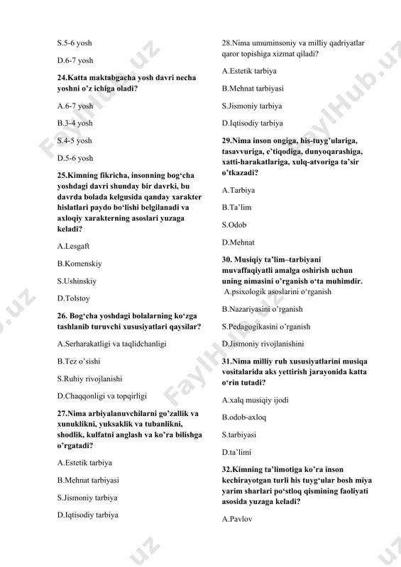 lari ta’limoti 34.kishining kuylash imkoniyatidan ko’ra qaysi imkoniyati ancha keng bo’ladi? a.tinglash b.gapirish s.jismoniy harakati d.yozish 35.qaysi cholg’u asarlarini faqat tinglab idrok etish mumkin? a.orkestr, xor, yakka cholg’u b.pianino,dutor s.do’mbira,qo’shiq d.to’g’ri javob yo’q 36.qanday jarayonda bolalarning badiiy idroki yaxshi rivojlanib boradi? a.musiqa tinglash b.raqs tushish s.rasm chizish d.o’qish 37.kichik guruh bolalarining diqqati qanday bo’ladi? a.beqaror b.barqaror s.to’g’ri javob yo’q d.doimiy 38.necha yoshli bolalarda diqqat e’tiborning bir muncha emotsional turg’unligi vujudga keladi? a.5-yoshli b.6-yoshli s.4-yoshli d.2-yoshli 39.necha yoshli bolalar raqs tipidagi kuylarni jonli, ba’zan jo’shqin holatda idrok etadilar. yengil, kuychan musiqalarni birmuncha xotirjam idrok etadilar? a.5-yoshli b.6-yoshli s.4-yoshli d.2-yoshli 40.necha yoshli bolalarda musiqa mazmuni va xarakterini bilishga ayniqsa, unda nima haqida hikoya etilishini bilishga qiziqish paydo bo’ladi? a.5-yoshli b.6-yoshli s.4-yoshli d.2-yoshli 41.necha yoshli bolalarda esa erkin, ixtiyoriy tarzdagi diqqat e’tibor shakllanib, musiqani diqqatni yig’ib tinglash, uning ayrim detallarini anglab olish qobilyati rivojlangan bo’ladi? a.6-yoshli b.5-yoshli s.4-yoshli d.2-yoshli 42.necha yoshli bolalarda musiqaga …