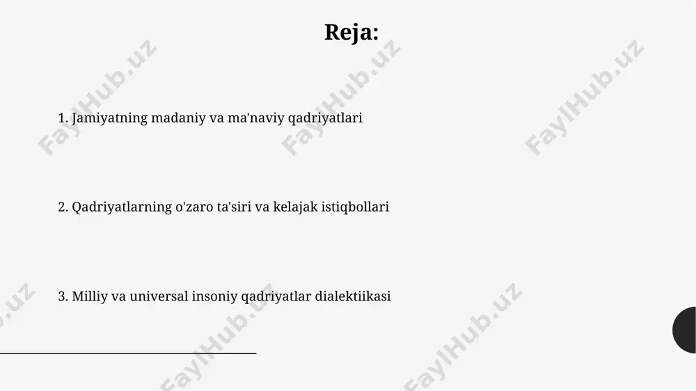 l qadriyatlarning ta'sirini va ahamiyatini yanada oshirmoqda. universal insoniy qadriyatlarning xususiyatlari universal insoniy qadriyatlarning asosiy xususiyatlaridan biri, dunyoning 7 ta qit’asida, 200 dan ortiq mamlakat va mintaqalarda, turli madaniyat va din vakillarining ko'pchiligi tomonidan qabul qilingan umumiy axloqiy me'yorlarni o'z ichiga oladi. universal insoniy qadriyatlar, adolat, tenglik va hurmat kabi tushunchalarni o'z ichiga olib, bir qancha falsafiy maktablar, masalan, qadimgi yunoniston falsafasi va 18-asr ma'rifatparvarligi davrining g'oyalariga asoslanadi. jamiyatning ma'naviy salohiyati жамиятнинг маънавий салоҳиятини 2023 йилдаги ўзбекистон мисолида 50% га ошириш учун 10 та асосий маънавий-маданий дастурларни амалга ошириш режалаштирилган. самарқанд шаҳридаги тарихий обидалар ва маданий мероснинг 3000 йиллик тажрибаси жамиятнинг маънавий салоҳиятига улкан ҳисса қўшган. бу тажриба ёшларни тарбиялашда муҳим роль ўйнайди. milliy va universal qadriyatlarning o'zaro bog'liqligi o'zbekistonning madaniy merosida aks etgan 2000 yillik tarixiy tajriba, universal qadriyatlar - adolat, tinchlik va erkinlik tushunchalarining shakllanishiga sezilarli hissa qo'shgan. dunyoning turli burchaklaridagi xalqlar bilan madaniy almashinuv bu jarayonga ta'sir …