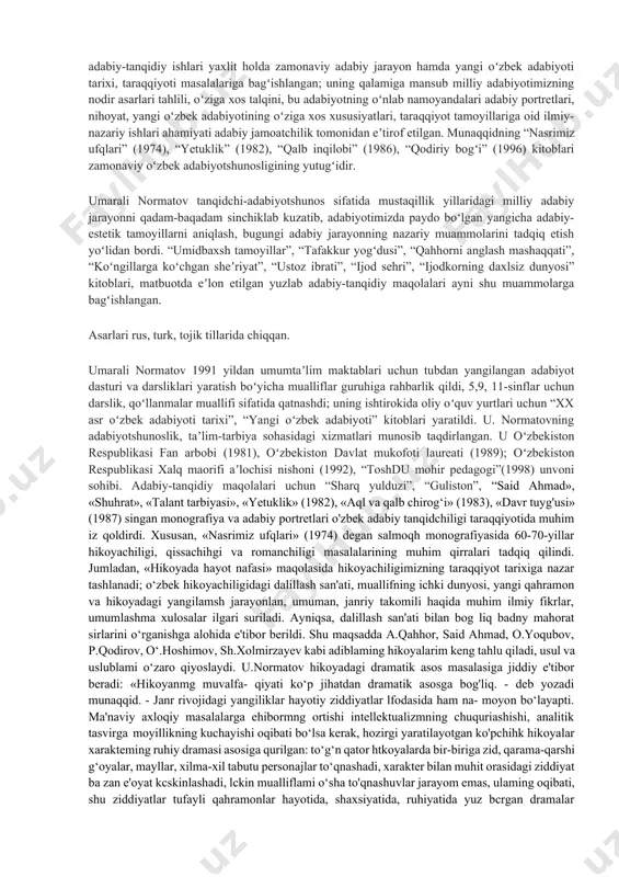 tori ilmiy darajasini olgan. „nasrimiz ufqlari“ (1974), „yetuklik“ (1982), „qalb inqilobi“ (1986), „qodiriy bogʻi“ (1996), „umidbaxsh tamoyillar“ (2000) singari asarlarida yangi oʻzbek adabiyoti, uning namoyandalari ijodining muhim tomonlari yoritib berilgan. umarali normatov „oʻzbekiston fan arbobi“ (1981), oʻzbekiston respublikasi davlat mukofoti laureati (1989) u. normatov 1957 yildan matbuotda koʻrina boshladi, 500 dan ortiq maqolalari, 50 dan ortiq adabiy-tanqidiy asarlari, darslik, oʻquv qoʻllanmalari chop etilgan. adabiyotshunos-olimning adabiy-tanqidiy ishlari yaxlit holda zamonaviy adabiy jarayon hamda yangi oʻzbek adabiyoti tarixi, taraqqiyoti masalalariga bagʻishlangan; uning qalamiga mansub milliy adabiyotimizning nodir asarlari tahlili, oʻziga xos talqini, bu adabiyotning oʻnlab namoyandalari adabiy portretlari, nihoyat, yangi oʻzbek adabiyotining oʻziga xos xususiyatlari, taraqqiyot tamoyillariga oid ilmiy-nazariy ishlari ahamiyati adabiy jamoatchilik tomonidan eʼtirof etilgan. munaqqidning “nasrimiz ufqlari” (1974), “yetuklik” (1982), “qalb inqilobi” (1986), “qodiriy bogʻi” (1996) kitoblari zamonaviy oʻzbek adabiyotshunosligining yutugʻidir. umarali normatov tanqidchi-adabiyotshunos sifatida mustaqillik yillaridagi milliy adabiy jarayonni qadam-baqadam sinchiklab kuzatib, adabiyotimizda paydo boʻlgan yangicha adabiy-estetik tamoyillarni aniqlash, …