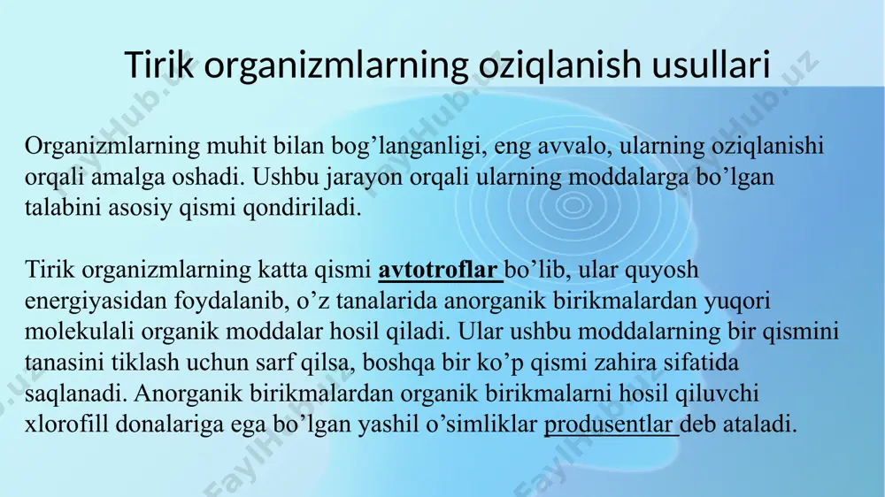 rim bakteriyalar ayrim bakteriyalar, zamburug’lar, o’simliklar, hayvonlar golozoy saprofit parazit golozoy oziqlanishi - bu to'liq ishlab chiqaruvchi tomonidan ishlab chiqarilgan oziq -ovqat mahsulotlaridan foydalana oladigan to'liq ovqat hazm qilish tizimini o'z ichiga oladigan organizmlarning ovqatlanish usuli. bundan tashqari, bu rejimda organizmlar energiya olish uchun organik uglerod shakllaridan foydalanadilar. oziq -ovqat mahsulotlarini qabul qilishdan keyin golozoyli ovqatlanish turli jarayonlarga ega. golozoyik ovqatlanishning to'rtta asosiy jarayoni bor: yutish, hazm qilish, so'rilish, assimilyatsiya va yutish. yutish - bu yuqori darajadagi organizmlar tomonidan qattiq oziq -ovqat shaklida oziq -ovqat mahsulotlarini qabul qilish jarayoni. ovqat hazm qilish murakkab ovqatni oddiy ovqatga aylantirish jarayonini bildiradi. ovqat hazm qilish jarayonida uglevodlar glyukozaga , lipidlar yog'li kislotalarga , glitserin va oqsillar aminokislotalarga aylanadi entamoeba histolytica tomonidan ko'rsatilgan golozoy oziqlanishi saprofitlar (yunoncha: sapros — chirigan va phyton — oʻsimlik) — ulik obʼyektlardan oziq manbai sifatida foydalanadigan mikroorganizmlar. s. tabiatda keng tarqalgan boʻlib, tuproq, havo, suvda, odam va hayvonlar organizmida …