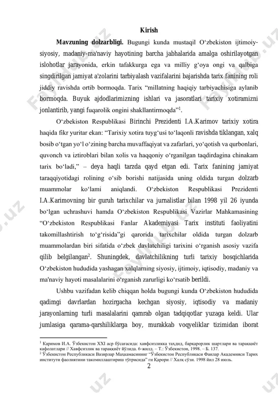 sining “o‘zbekiston respublikasi fanlar akademiyasi tarix instituti faoliyatini takomillashtirish to‘g‘risida”gi qarorida tarixchilar oldida turgan dolzarb muammolardan biri sifatida o‘zbek davlatchiligi tarixini o‘rganish asosiy vazifa qilib belgilangan2. shuningdek, davlatchilikning turli tarixiy bosqichlarida o‘zbekiston hududida yashagan xalqlarning siyosiy, ijtimoiy, iqtisodiy, madaniy va ma'naviy hayoti masalalarini o‘rganish zarurligi ko‘rsatib berildi. ushbu vazifadan kelib chiqqan holda bugungi kunda o‘zbekiston hududida qadimgi davrlardan hozirgacha kechgan siyosiy, iqtisodiy va madaniy jarayonlarning turli masalalarini qamrab olgan tadqiqotlar yuzaga keldi. ular jumlasiga qarama-qarshiliklarga boy, murakkab voqyeliklar tizimidan iborat 1 каримов и.а. ўзбекистон xxi аср бўсағасида: хавфсизликка таҳдид, барқарорлик шартлари ва тараққиёт кафолатлари // хавфсизлик ва тараққиёт йўлида. 6-жилд. – т.: ўзбекистон, 1998. – б. 137. 2 ўзбекистон республикаси вазирлар маҳкамасининг “ўзбекистон республикаси фанлар академияси тарих институти фаолиятини такомиллаштириш тўғрисида” ги қарори // халқ сўзи. 1998 йил 28 июль. 3 xonliklar davri tarixini kiritish mumkin. so‘nggi yillar mobaynida tarixchilar va sharqshunoslar tomonidan amalga oshirilgan chuqur, keng qamrovli manbashunoslik ishlari, …