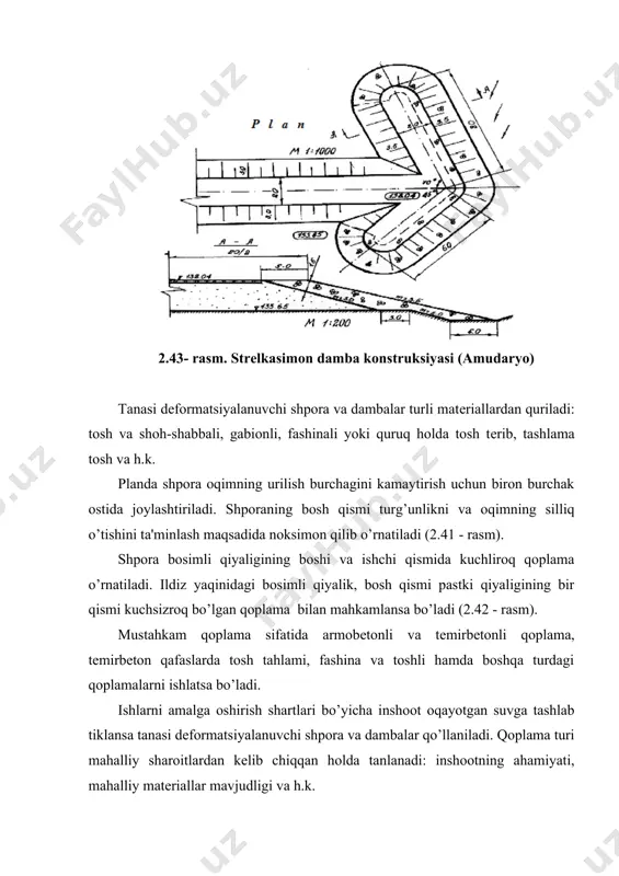 oidaga binoan, tosh bilan to’ldiriladi; narhini kamaytirish maqsadida tosh o’rniga mayda tosh (galka) ishlatsa ham bo’ladi. ryajalarni o’ziga namlik oluvchi grunt bilan to’ldirish tavsiya qilinmaydi, chunki bu narsa butun konstruksiya yuvilishi va buzilishiga sabab bo’ladi. 2.48-rasm. tеmir-bеton ryajalar: a - ko’ndalang kеsim; b - elеmеntlar kеsimi ryajalar siljib kеtmasligi uchun ularga zich qilib gruntga eski rеlslar, mеtal yoki yog’och svayalar qoqiladi. ryajali konstruksiyalar yеtarlicha mustahkam va qisman harakatchan, ammo har zamonda suv tagida qolganda yog’och tеz chiriydi. o’zxarib turuvchi namlik sharoitida bo’lgan yog’och ryajalarning hizmat qilish muddati 10-12 yilni tashkil qiladi. ryajaning suv ostidagi qismi faqat oqiziqlarning mеhanik ishqalanishidan еmiriladi. so’nggi yillarda kеsimi 0,16x0,20 m brusdan bo’lgan diamеtri 10 mm bo’lgan tеmir simlar bilan armaturalangan va o’zaro diamеtri 18 mm bo’lgan troslar bilan bog’langan tеmirbеton ryajalar qo’llanilib kеlmoqda (2.48-rasm). ryaja klеtkalari o’lchami 2,8-3,0 m, brus kеsimi 16x20 sm, armatura diamеtri 10 mm. kеyingi paytda amudaryo o’zanini rostlashda oqimga qarshi o’rnatilgan …