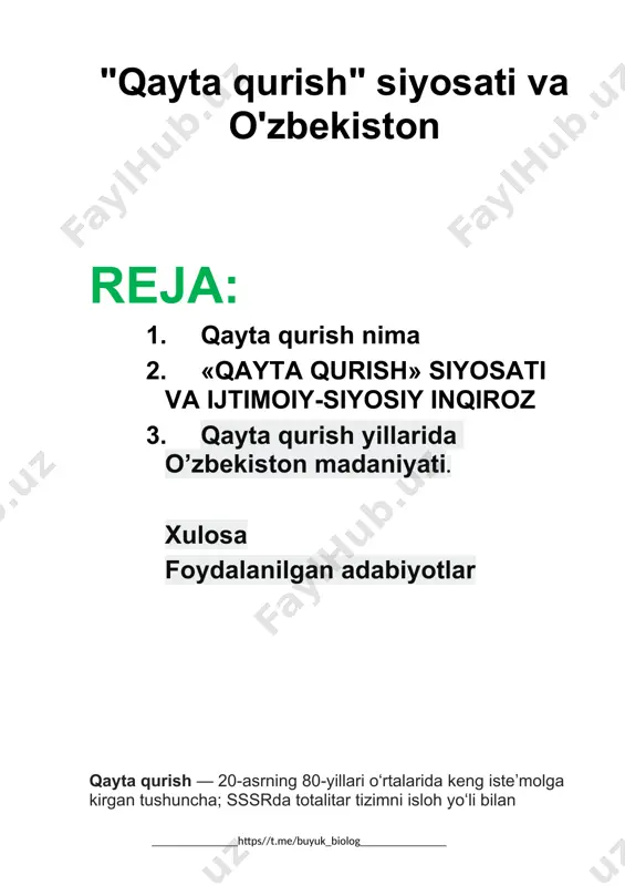 et mustabid siyosiy tizimi, xo’jalik yuritish usuli o’zining rivojlanish imkoniyatlarini batamom tugatdi. sobiq mamlakat siyosiy rahbariyati mamlakatning ijtimoiy-siyosiy, iqtisodiy sohalarida bir necha marta tub islohotlar, o’zgarishlar qilishga urinib ko’rdi. ammo bunday harakatlarning barisi zoye ketdi, ko’zlangan maqsadga erishilmadi. bunday holat, ayniqsa, mamlakat xalq xo’jaligiga zamonaviy ilmiy-texnika yutuqlarini joriy etish, jamiyatni demokratlashtirish, inson huquqlarini himoya qilish, mamlakatning xalqaro nufuzini oshirish masalalariga ko’proq daxldor bo’ldi. jamiyat ijtimoiy-siyosiy hayotida tub o’zgarishlar bo’lishiga umidning so’nishi 80-yillarning boshlarida ayniqsa kuchaydi. buning oqibatida, bir tomondan, ma'muriy-siyosiy biqiqlik kuchaygan bo’lsa, boshqa tomondan, jamiyat a'zolari mehnat intizomining pa-sayishi, ijtimoiy loqaydlik, befarqlik kuchayib bordi. o’zbekiston iqtisodiyoti katta xom ashyo, iqtisodiy zaxi-ralarga ega bo’lishiga qaramasdan g’arb mamlakatlaridan juda tez ortda qola boshladi. ishlab chiqarish sama-radorligi pasaydi, kishilarda jamiyatda sodir bo’layotgan ijtimoiy voqea va hodisalarga qiziqish kamaydi, yangi texnika hamda texnologiyalarni o’zlashtirish juda sust olib borildi. jahonning rivojlangan va demokratik tarkib topgan mamlakatlaridagi ijobiy o’zgarishlar, demokratiya va inson huquqlarini himoya qilishdagi …