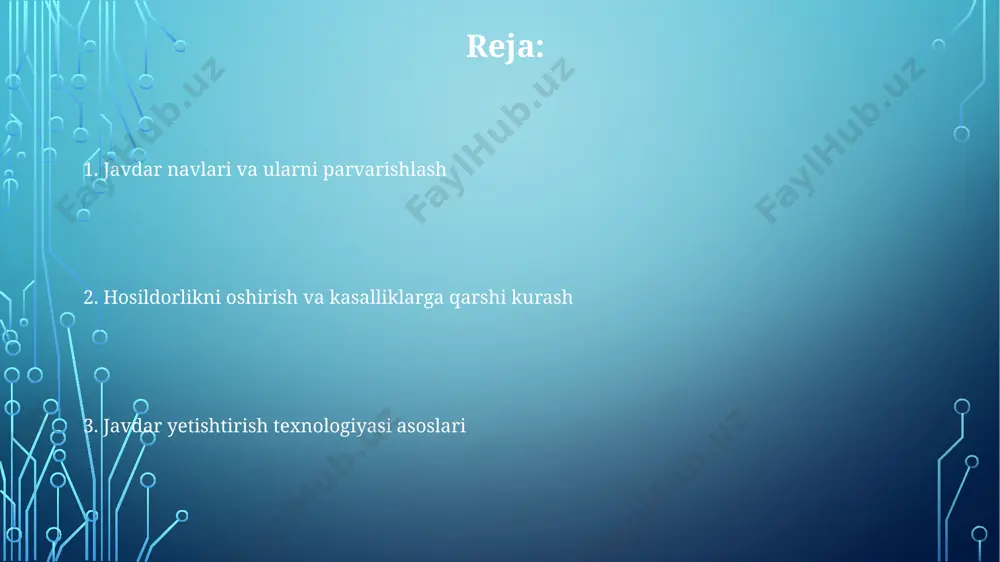 hiradi. fosforli o'g'itlar (p2o5 60-90 kg/ga) ekishdan oldin beriladi, bu o'simliklarning ildiz tizimini rivojlantirishga va hosildorlikni oshirishga yordam beradi. nav tanlash va urug' tayyorlash sifatli nav tanlash unumdorlikni oshiradi; adaptiv xususiyatlar va kasalliklarga chidamlilikni hisobga oling, hosildorlikni 15-20% ga oshiring. urug'larni saralash - bu muhim qadam, undirish koeffitsienti kamida 95% bo'lgan urug'lardan foydalaning, bu bir xil unib chiqishni ta'minlaydi. urug'larni fungitsidlar bilan davolash zamburug'li kasalliklarni oldini oladi, masalan, 'tmtd' preparati 2-3 kg/tonna nisbatda himoya qiladi. hosildorlikni yig'ishtirish va saqlash o'rim-yig'im davrida hosildorlikni saqlash uchun 14-16% namlikdagi donlar ventilyatsiya qilinadigan omborlarda 6 oygacha saqlanadi, haroratni doimiy nazorat qilib turish zarur. rye siloslarida saqlashda, donning haroratini 5-10 °c da ushlab turish hosildorlikni uzoqroq saqlashga yordam beradi va zararkunandalarning ko'payishini oldini oladi. hosildorlikni yig'ishtirishda ishlatiladigan kombaynlar donni tozalash va saralash tizimlariga ega bo'lishi kerak, bu esa 98% gacha tozalikni ta'minlab, saqlash sifatini oshiradi. javdar yetishtirish texnologiyasi hosildorlikni oshirish uchun javdarni erta bahorda, ya'ni …