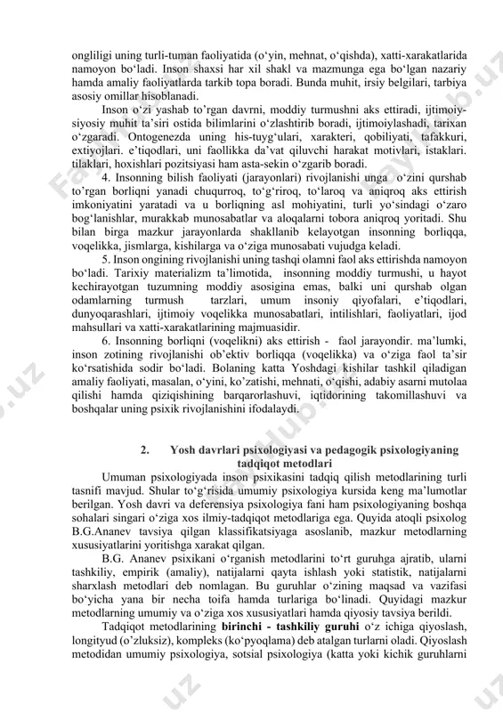 nda o‘z vaqtida o‘zini anglashni vujudga keltiradi. bolada o‘zini anglash tuyg‘usi qancha erta uyg‘onsa shaxsiy nuqtai nazar, o‘z huquqini his etish, o‘zining aqliy va jismoniy imkoniyatlarini baholash shunchalik tez paydo bo‘ladi. xuddi shu asnoda injiqlik, o‘jarlik va qaysarlik kabi illatlar tarkib topishiga ruhiy to‘siq vujudga keladi. shaxslararo munosabatdagi qarama-qarshilik, inqiroz rivojlanish qonunlariga loqayd qarashning oqibatidir. inson psixikasidagi umidsizlik, ijtimoiy adaolat uchun kurashish ruhining o‘zgarishi – nazariya bilan turmush munosibligining mahsulidir. odamlarda e’tiqod dunyoqarash, ideal, umummuomala, muloqot mustaqil xulq-atvorni samarali shakllantirish ko‘proq yuqoridagi omillarga bog‘liqdir. kishidagi tashabbuskorlik hamda to‘siqlarni yengishga intilishni aniqlash va ularni yosh psixologiyasi xususiyatlaridan kelib chiqqan holda ruhiy turtki, berish maqsadga muvofiqdir. ta’limning barcha bosqichlarida uning samaradorligini oshirish yosh psixologiyasining qonuniyatlariga suyanmog‘i zarur. bolalar jamoasi, oila muhiti, mehnat jamoalarida shaxslararo iliq munosabatni shakllantirish yosh davri xususiyatlarini inobatga olishning mahsuli sanaladi. hatto kishining uzoq umr ko‘rishi va unda ishchanlik qobiliyatining saqlanishi, istiqbol rejasi va maqsadi bilan yashashi ham yosh …