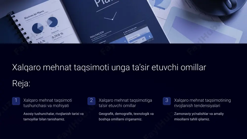 lari hajmi texnologik innovatsion faollik ilmiy salohiyat texnologiya transferi 7 geografik omillar tabiiy boyliklar neft, gaz va foydali qazilmalar mamlakatlarning ixtisoslashuvini aniqlaydi. iqlim sharoitlari qishloq xo'jaligi mahsulotlari yetishtirish imkoniyatlarini belgilaydi. transport yo'llari savdo yo'llariga yaqinlik logistika imkoniyatlarini kengaytiradi. 8 mehnat resurslari va demografik omillar demografik holat aholi soni, o'sish sur'ati va mehnat kuchining yosh tarkibi. mehnat resurslarining miqdori mamlakatning ishlab chiqarish salohiyatini ko'rsatadi. malaka va narx janubi-sharqiy osiyo davlatlari arzon ishchi kuchi bilan mashhur. rivojlangan mamlakatlarda yuqori malakali kadrlar ko'p. migratsiya emigratsiya va immigratsiya jarayonlari mehnat resurslari tarkibini o'zgartiradi. mehnat migrantlari oqimi mehnat bozorlariga ta'sir qiladi. 9 ilm-fan va texnologik taraqqiyot 70%+ yuqori texnologiyalar ulushi rivojlangan davlatlarda yuqori texnologiyali mahsulotlar ulushi. $2.4t global r&d sarmofalari dunyo bo'yicha innovatsion yangiliklarga sarmoya hajmi. 4.0 sanoat inqilobi zamonaviy ishlab chiqarish usullari va texnologiyalar. 10 infratuzilma va logistika transport tarmoqlari xalqaro transportning rivojlanishi mamlakat raqobatbardoshligini oshiradi. logistika xarajatlari tashish xarajatlari past bo'lgan davlatlar eksport …