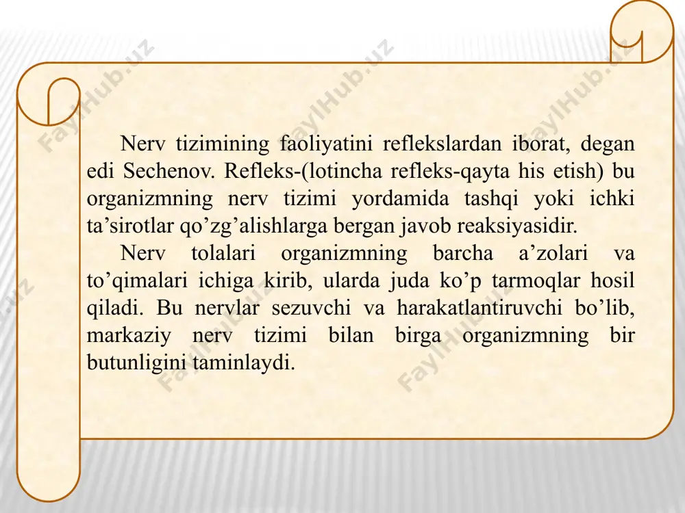 ga oshadi. refleks yoyi beshta elementlardan iborat bo‘ladi. sezuvchi qism yoki reseptorlar maydoni qo‘zg‘alganda qo‘zg‘alish sezuvchi nervlar orqali markazga borib, u yerda tahlil qilinib tegishli javob reaksiyasi harakatlantiruvchi nerv tolalari orqali ishchi a‘zoni funksional holatini o‘zgartiradi. demak, refleksni yuzaga keltiruvchi qo‘zg‘alishni bosib o'tgan yoiga refleks yoyi deb ataladi. biologik ahamiyatiga ko'ra barcha reflekslar ovqatlanish himoyalanish tusmollash-o'rganish jinsiy va boshqa reflekslar individni ovqatga bo'lgan ehtiyojini qondirishga yo'naltirilgan barcha harakatlarni ovqatlanish reflekslariga kiritiladi. o‘zini va o'ziga yaqinlami jabrlanib qolishdan saqlovchi harakatlar - himoya reflekslaridir. o‘rganish-reflekslari yordamida yangi narsa o'rganiladi. jinsiy reflekslar o‘ziga o‘xshaganni yaratish va voyaga yetkazishga qaratiladi. neyronlar quyidagi retseptor sohalardan ta’sirotlarni qabul qiladi ekstroretseptor-teri yuzasidan olinadigan ta’sirlar introreseptor-ichki a’zolardan qabul qilingan ta’sirotlar prorioretseptor-muskullar, suyaklar, paylar, bo’g’imlardan qabul qilinadigan ta’sirotlar reflekslarning javob reaksiyalariga ko‘ra reflekslarni harakatlantiruvchi va sekretor, ya’ni shira ishlab chiqaruvchi reflekslarga bo`linadi. harakatlanuvchi reflekslarda javob reaksiyasi muskul qisqarishi orqali amalga oshadi, sekretor - shira chiqaruvchi reflekslarda javob reaksiyasi bez …