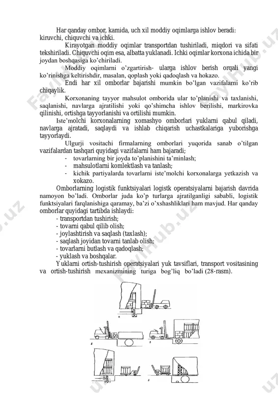 htirilgan, avtomatlashtirilgan va avtomat turlarga bo’linadi. 8.2. omborlarda amalga oshiriladigan operatsiyalar omborlar bir-biridan farq qilishiga qaramay, deyarli bir xil logistik funktsiyalarni bajaradi: - moddiy zaxiralarni joylashtirish va saqlash; - moddiy oqimlarni qayta ishlash; - logistik servis va xizmat ko’rsatishni ta’minlash. har qanday ombor, kamida, uch xil moddiy oqimlarga ishlov beradi: kiruvchi, chiquvchi va ichki. kirayotgan moddiy oqimlar transportdan tushiriladi, miqdori va sifati tekshiriladi. chiquvchi oqim esa, albatta yuklanadi. ichki oqimlar korxona ichida bir joydan boshqasiga ko’chiriladi. moddiy oqimlarni o’zgartirish- ularga ishlov berish orqali yangi ko’rinishga keltirishdir, masalan, qoplash yoki qadoqlash va hokazo. endi har xil omborlar bajarishi mumkin bo’lgan vazifalarni ko’rib chiqaylik. korxonaning tayyor mahsulot omborida ular to’planishi va taxlanishi, saqlanishi, navlarga ajratilishi yoki qo’shimcha ishlov berilishi, markirovka qilinishi, ortishga tayyorlanishi va ortilishi mumkin. iste’molchi korxonalarning xomashyo omborlari yuklarni qabul qiladi, navlarga ajratadi, saqlaydi va ishlab chiqarish uchastkalariga yuborishga tayyorlaydi. ulgurji vositachi firmalarning omborlari yuqorida sanab o’tilgan vazifalardan tashqari quyidagi …
