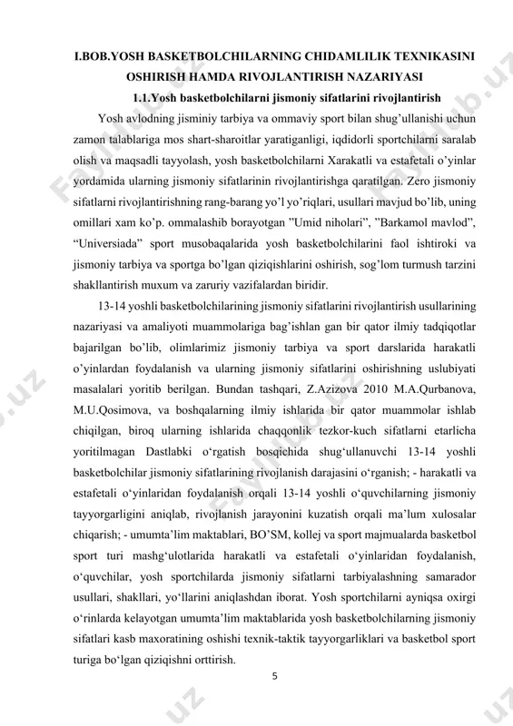 a amaliyoti muammolariga bag’ishlan gan bir qator ilmiy tadqiqotlar bajarilgan bo’lib, olimlarimiz jismoniy tarbiya va sport darslarida harakatli o’yinlardan foydalanish va ularning jismoniy sifatlarini oshirishning uslubiyati masalalari yoritib berilgan. bundan tashqari, z.azizova 2010 m.a.qurbanova, m.u.qosimova, va boshqalarning ilmiy ishlarida bir qator muammolar ishlab chiqilgan, biroq ularning ishlarida chaqqonlik tezkor-kuch sifatlarni etarlicha yoritilmagan dastlabki o‘rgatish bosqichida shug‘ullanuvchi 13-14 yoshli basketbolchilar jismoniy sifatlarining rivojlanish darajasini o‘rganish; - harakatli va estafetali o‘yinlaridan foydalanish orqali 13-14 yoshli o‘quvchilarning jismoniy tayyorgarligini aniqlab, rivojlanish jarayonini kuzatish orqali ma’lum xulosalar chiqarish; - umumta’lim maktablari, bo’sm, kollej va sport majmualarda basketbol sport turi mashg‘ulotlarida harakatli va estafetali o‘yinlaridan foydalanish, o‘quvchilar, yosh sportchilarda jismoniy sifatlarni tarbiyalashning samarador usullari, shakllari, yo‘llarini aniqlashdan iborat. yosh sportchilarni ayniqsa oxirgi o‘rinlarda kelayotgan umumta’lim maktablarida yosh basketbolchilarning jismoniy sifatlari kasb maxoratining oshishi texnik-taktik tayyorgarliklari va basketbol sport turiga bo‘lgan qiziqishni orttirish. yosh basketbolchilarning jismoniy sifatlarini rivojlantirishda xarakatli va estafetali o’yinlarining tajribasini o’rganish natijalari. jismoniy …