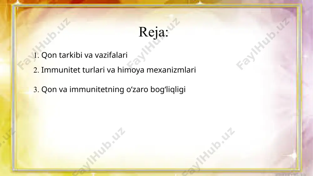 omillarga qarshi kurashish qobiliyatidir. u tug‘ma va orttirilgan immunitetga bo‘linadi. tug‘ma immunitet organizmda tug‘ilishdan boshlab mavjud bo‘lib, asosiy himoya mexanizmlariga teri, shilliq pardalar, fagotsitoz va fiziologik to‘siqlar kiradi. orttirilgan immunitet esa inson hayoti davomida shakllanadi va tabiiy hamda sun’iy turlarga bo‘linadi. tabiiy immunitet kasallikni boshdan kechirish yoki ona sutidan o‘tish orqali hosil bo‘ladi. sun’iy immunitet esa vaksinalar yoki zardoblar orqali hosil qilinadi. vaksinalar organizmni kasallik qo‘zg‘atuvchisiga oldindan tayyorlab, immun xotirani shakllantiradi, zardoblar esa tayyor antitanachalar yordamida kasallikka qarshi kurashishga yordam beradi. immun tizimining asosiy himoya mexanizmlari orasida antitanachalar ishlab chiqarish, fagotsitoz jarayoni, interferon ajralishi va limfotsitlarning faoliyati muhim ahamiyatga ega. immunitet organizmni kasallik qo‘zg‘atuvchilardan himoya qiluvchi biologik tizimdir. u ikki asosiy turga bo‘linadi: tug‘ma va orttirilgan immunitet. tug‘ma immunitet organizmga tug‘ilishdan boshlab xos bo‘lib, u tabiiy to‘siqlar va umumiy himoya mexanizmlaridan iborat. teri, shilliq pardalar, oshqozon shirasidagi kislota va fagotsitoz jarayoni tug‘ma immunitetning asosiy komponentlaridir. orttirilgan immunitet hayot davomida shakllanib, …