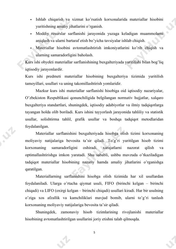 ni berishda ishlatiladigan buyumlardir (mashinasozlikda qora metallar, yog’ochsozlik sanoatida yog’och). 3. sotib olingan yarimtayyor mahsulotlar - ma’lum darada ishlab chiqarish jararayonidan o’tgan. biroq pirovard mahsulot darajasiga etkazilmagan mahsulotlar (stanoksozlikda motorlar, avtomobilsozlikda shinalar). 4. yordamchi materiallar - yaratilgan mahsulotni yaratishda mehnat vositalari va ularning tashqi ko’rinishini yaxshilash uchun sarflanadi (moylash materiallari, bo4yoq, lak, artish materiallari va h. k.). 5. chiqindilar - mahsulot ishlab chiqarishda hosil bomgan qo’shimcha materiallar (qirindilar, qipiqlar, truba kedavrari va h. k.). 6. idishlar - mahsulotlami o’rash, joylashtirish, tashish va saqlashda ishlatiladigan buyumlar (yog’och, karton va metall idishlari). 7. ehtiyot qismlar - asosiy vositalarning quvvatini oshirishda foydalaniladigan buyumlar (ta’mirlash uchun mashina va asbob-uskunalaming ayrim detallari). 8. inventar va xo’jalik jihozlari - korxona faoliyatida ishlatiladigan xo’jalik buyumlari (otvertkalar, iskana, xo’jalik inventarlari, maxsus qiyimlar va h. k.). 9. boshqa materiallar - yuqoridagi guruhiarga kirmaydigan boshqa materiallar (tuzatilmaydigan braklar, metallom), вundan tashqari sanoat korxonalarida materiallar texnik xususiyatlariga qarab qora metallar, prokat, …