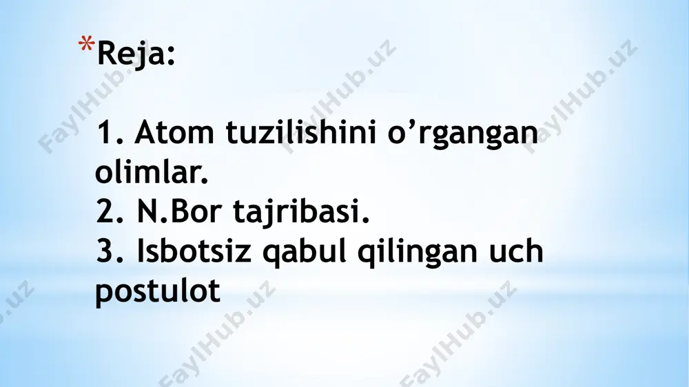 an impuls momenti plank doimiysiga karrali bo'lgan orbitalar bo'ylab aylanadilar: mvnrn=n (4.7) bu yerda n=1,2,3,..., qiymatlarini oladi. u elektronning orbita tartib raqamini ko'rsatadi va bosh kvant soni deb ataladi. belgi plank doimiysi h ning 2 ga nisbatiga teng: 2-postulot 3-postulot elektron bir turg’un orbitadan boshqa turg’un orbitaga o'tganda atom yorug’lik kvanti sochadi yoki yutadi. sochilgan yoki yutilgan kvant energiyasi elektronning orbitadagi energiyalari farqiga teng: h=en - em (4.8) nemis fiziklari d.frank (1882-1964) va g.gerslar (1887-1914) 1913 yilda to'xtatuvchi potensiallar usuli bilan gaz atomlari bilan elektronlar to'qnashganda atom energiyasining diskret holda o'zgarishini isbotladilar. ularning tajribasi sxemasi .bunda havosi surib olingan shisha idish ichiga 13 pa bosim ostida simob bug’lari qamalib, idishning ikki chetiga katod k va anod a joylashtirilgan. e'tiboringiz uchun raxmat!