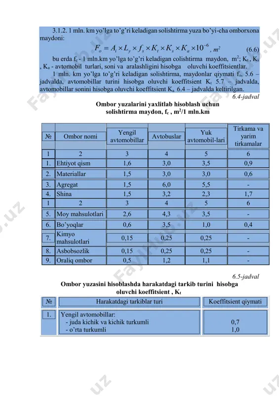 yoqilg’i, moylash materiallari, shinalar, ehtiyot qism va agregatlar, materiallar) miqdori me’yor bo’yicha kunlik sarf (gim) va saqlash kunlarini (dik) hisobga olgan holda aniqlanadi: – yoqilg’i zahirasi yokyomyoz dgg  , l (6.8) avtotransport korxonalarida yonilg’ining me’yor bo’yicha kunlik sarf qilinishi umumiy holda quyidagicha aniqlanadi: gyom = 0,01 · ( h · s + hcn · scn +h w· w ) · ( 1 + 0,01 · d ) k + hz · z + hot · tot + hoб · toб + qпб , l (6.9) bu erda, h – avtomobil xarakat vositasining bosib o’tgan yo’liga yonilg’i sarf qilinishining chiziqli bazis me’yori, l/100 km. sk – avtomobil kunlik bosib o’tgan yo’l, km; hcn – harakat jarayonida maxsus ishlarni bajarish uchun yonilg’ning sarf qilish me’yori, l/100 km; scn – maxsus ishlarni bajaruvchi xarakatdagi avtomobilning bosib o’tgan yo’li, km; hw – har bir 100 tonna-kilometr transport ishlariga yonilg’ining sarf qilish me’yori, l/100 …