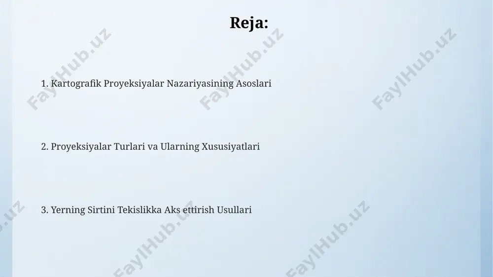 'alarni nisbiy maydonlarini to‘g‘ri aks ettirish uchun, lekin shakl buzilishlariga olib keladi. mercator proyeksiyasi, navigatsiya maqsadlarida keng qo‘llanilgan bo‘lsa-da, yuqori kengliklarda yer shakllarining buzilishi 40% dan oshadi va arktika yoki antarktida kabi hududlarni aniq tasvirlamaydi. geodeziya va kartografiya asoslari geodezik maʼlumotlarni qayta ishlashda 1:50 000 va 1:100 000 masshtabli xaritalardan foydalaniladi, bu esa aniqlikni taʼminlash uchun muhim ahamiyatga ega. kitobda yerning sferoid shakli, ellipsoidal koordinatalar va geodezik tarmoqlarning 3d modellashtirish usullari batafsil bayon etilgan. “geodeziya va kartografiya asoslari” kursi oʻzbekistonning turli hududlarida, jumladan, toshkent, samarqand va buxoro kabi shaharlardagi oliy oʻquv yurtlarida 50 dan ortiq yildan beri oʻqitiladi. yer shaklining matematik modeli lambert konform konik proeksiyasi, xususan, shimoliy kengliklarda 40° dan 70° gacha bo'lgan hududlarni, masalan, rossiya va kanadadagi katta maydonlarni tasvirlashda yuqori aniqlikni ta'minlaydi. yer shaklining matematik modeli geoid deb ataluvchi, yerning o'rtacha dengiz sathini hisobga olgan murakkab 3d shaklini tasvirlaydi va 200 dan ortiq garmonik koeffitsientlar yordamida ifodalanadi. …