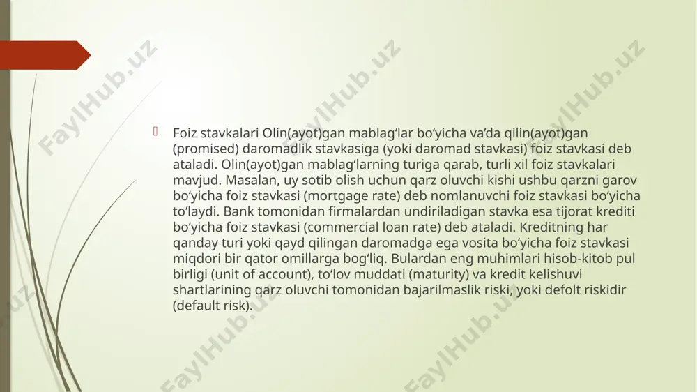 daromadlilik stavkasi xos emas. misol uchun, agar siz ko‘chmas mulkka, aksiyalar va san’at asarlariga kapitalni investitsiya qilayotgan bo‘lsangiz, kelajakda sizga hech qanday to‘lovlar kafolatlanmaydi. endi, keling, shu turdagi riskli aktivlar bo‘yicha daro-madlilik stavkasi qanday o‘lchanishini ko‘rib chiqaylik. agar siz qandaydir ulushbay qimmatli qog‘ozlarga, misol uchun oddiy aksiyalarga mablag‘ingizni investitsiya qilgan bo‘lsangiz, sizning qo‘ygan kapitalingizga daromad (return) ikki manbadan tushadi. birinchisi — mazkur qimmatli qog‘ozlar emitent-firmasi aksionerlarga pul ko‘rinishida to‘laydigan dividendlar. mazkur dividend to‘lovlari shartnomada kelti-rilmaydi va shunga ko‘ra, ularni foizli to‘lovlar deb bo‘lmaydi. divi-dendlar firma direktorlar kengashining ixtiyoriga ko‘ra to‘lanadi. aksiyador aksiyalarga egalik qilgan vaqt mobaynida aksiya bozor kur-sining o‘sishi aksiya egasi tomonidan kiritilgan kapitalning ikkinchi daromad manbai hisoblanadi. mazkur turdagi daromadni kapitalning o‘sishi deb aytiladi (capital gain). agar aksiya egasi kursning tushishi tufayli zarar ko‘rayotgan bo‘lsa, bu narsa kapitalning yo‘qotilishi (capital loss) deyiladi. qo‘yilgan kapital daromadini aniqlash uchun aksiyalarga egalik qilish davomiyligi bir kundan bir necha o‘n yillikkacha bo‘lishi …