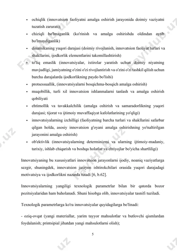 texnik-iqtisodiy ko'rsatkichlarga ega bo'lgan ijtimoiy va iqtisodiy ahamiyatga ega mahsulotlarga aylantirish. mavzu mazmuniga ko'ra i.perlaki quyidagilarni ajratib ko'rsatadi: mahsulot innovatsiyalari (yangi mahsulotlarni ishlab chiqarish va ulardan foydalanish); texnologik (yakuniy mahsulot ishlab chiqarish uchun yangi texnologiyalarni yaratish va qo'llash; ijtimoiy (iqtisodiy sohaning ishlashi uchun yangi tuzilmalar va mexanizmlarni yaratish va qo'llash) va murakkab innovatsiyalar (barcha oldingilarning birligi). i.perlaki innovatsiyalarni yangilik darajasiga ko‘ra tasniflashni taklif qiladi va quyidagilarni ifodalaydi: radikal innovatsiyalar (ehtiyojlarni qondirishning tubdan yangi vositalarining paydo bo‘lishi va turmush tarziga sifat o‘zgarishlarini kiritish) va modifikatsiyalash (ijtimoiy ehtiyojlarni qondirish vositalarini takomillashtirishni ta’minlash). ehtiyojlari). innovatsiyalarning to'liq tasnifi a. i. prigojin tomonidan taklif qilingan: 1. tarqalishi bo'yicha: - yolg'iz - tarqoq. diffuziya - bir marta o'zlashtirilgan innovatsiyaning yangi sharoitlarda yoki yangi amalga oshirish ob'ektlarida tarqalishi. uning sharofati bilan innovatsiyalarni yagona joriy etishdan iqtisodiyot miqyosida innovatsiyalarga o‘tish amalga oshirilmoqda. 2. ishlab chiqarish siklidagi o‘rni bo‘yicha: - xomashyo - ta'minlash (majburiy) - oziq-ovqat 3. vorislik bo‘yicha: …