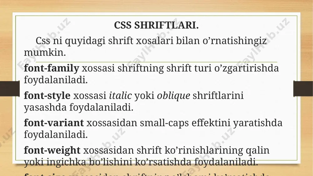 chegara rangini o’zgartiradi. border-right-color o’ng tomondagi chegara rangini o’zgartiradi. border-width xossasi chegaraning kengligini aniqlaydi. border-style chegarani mustaqil aniqlaydi bular solid, dashed, line, double line, yoki boshqa mumkin bo’lgan qiymatlardan biri bo’lishi mumkin. siz bottom, top, left, right tomonlarning har birining stilini alohida-alohida o’rnatishingiz mumkin. bunda quyidagi xossalardan foydalaniladi. border-bottom-style chegaraning pastki qismi stilini o’zgartiradi border-top-style chegaraning ustki qismi stilini o’zgartiradi border-left-style chegaraning chap qismi stilini o’zgartiradi border-right-style chegaraning o’ng qismi stilini o’zgartiradi image5.png image6.png image3.png image4.png /docprops/thumbnail.jpeg