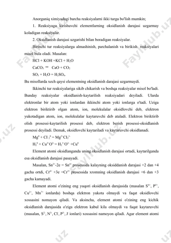 chi xossasini nomayon qiladi. va aksincha, element atomi o'zining eng kichik oksidlanish darajasida o'ziga elektron kabul kila olmaydi va faqat kaytaruvchi (masalan, s2-, n3-, cl-, p3-, j- ionlari) xossasini namoyon qiladi. agar element atomi o'zining o'rtacha oksidlanish darajasiga ega bulsa, u eritmaning muxitiga qarab yo oksidlovchi yoki kaytaruvchi xossasini namoyon qiladi. kaytaruvchidan oksidlovchiga elektronlar utganda odatda reaksiyada ishtirok etayotgan elementning valentligi uzgaradi. lekin oksiddanish-kaytarilish reaksiyalarida element valentligi uzgarmay kolishi mumkin. masalan: 1. h20 + cl20 = 2hcl 2. ch4 + 2o2 = co2 + h2o birinchi reaksiyada vodorod va xlorning valentligi reaksiyadan oldin xam keyin xam birga teng. metanning yonish reaksiyasida uglerod, kislorod va vodorodlarning valentliklari uzgarishsiz kolyapti. lekin bu reaksiyalarda atomlarning xolatdari uzgaradi. demak, molekulada atom xolatini valentlik tushunchasi tupik ifodalay olmaydi. shuning uchun xam, oksidlanish-kaytarilish reaksiyadarida oksidlanish darajasi tushunchasidan foydalanish maqsadga muvofiq bo'ladi. valentlik kovalent bog'lanishda (musbat yoki manfiy) ishoraga ega emas. u faqat bog'lanish sonini kursatadi. ximiyaviy …