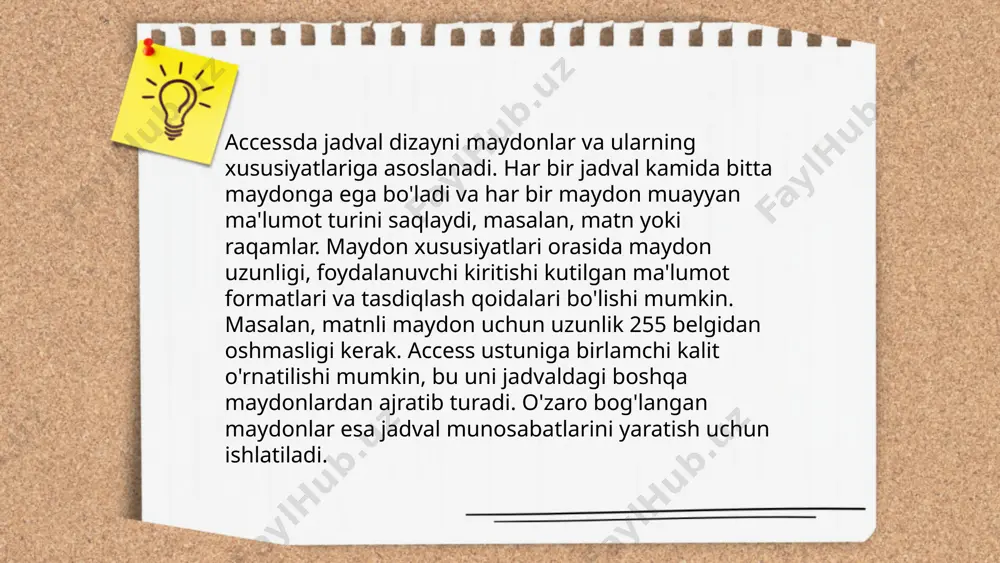 a’lumotlarni ko‘plab tizimlar bilan moslashtirishga yordam beradi. export jarayonini boshlanishiga qadar, eksport qilinadigan ma’lumotlar to‘liq aniqligiga ishonch hosil qiling. ... t.me/slaydai_bot accessda jadval mustahkamligini tekshirish uchun ma'lumotlar normalizatsiyasi muhim sanaladi. birinchi normal shakl talablariga javob berish uchun jadvalda har bir maydon atomik bo'lishi kerak, ya'ni bitta qiymatni saqlashi kerak. ikkinchi normal shaklda esa har bir maydon asosiy kalitdan to'liq bog'liq bo'lishi zarur. uchinchi normal shakl uchun esa tranzitiv qaramliklar bo'lmasligi kerak. bu nazorat qiluvchi qoidalar access dasturida jadval mustahkamligini ta'minlashda ahamiyatli bo'lib, ma'lumotlar qayta ishlash jarayonida aniqlikni oshiradi va ma'lumotlarning takrorlanishi yoki qarama-qarshiliklarini bartaraf etadi. accessda jadvallarni qanday yaratish mumkin qadamboyeva barchinoy e'tiboringiz uchun raxmat! image1.jpg image2.png image3.jpg /docprops/thumbnail.jpeg