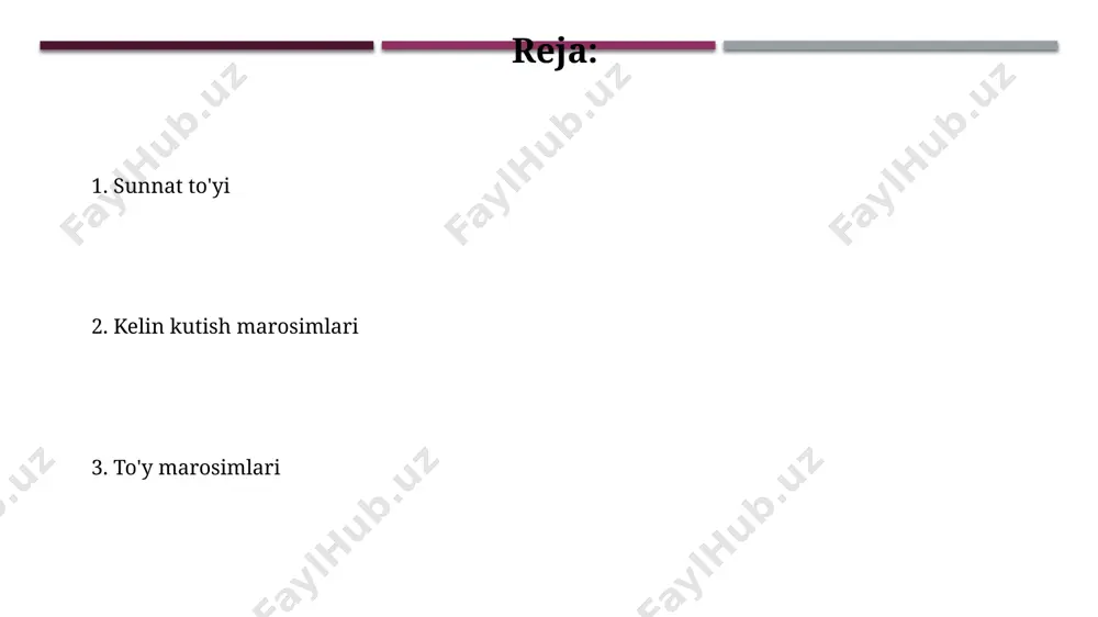 o‘riladi, bu esa bayramning umumiy shov-shuviga yanada jon bag‘ishlaydi. kelin salomi marosimlari келин саломларининг мураккаблиги ва давомийлиги оиланинг ижтимоий мавқеи ва бойлигига боғлиқ бўлиб, 2-3 соатгача давом этиши мумкин. анъанавий келин саломларида 10-15 кишидан иборат гуруҳ қатнашади ва уларнинг ҳар бири ўз ролини, жумладан, қўшиқчилар, раққосалар ва дуо ўқувчиларни бажаради. to‘y dasturxoni to‘y dasturxonida 7 dan ortiq taom turlari, shuningdek, shirinliklar, mevalar va ichimliklar bo‘lishi odatiy holdir, bu marosimlar davomida 30-40 kishiga yetarli bo‘lishi kerak. dasturxon bezagi ham muhim ahamiyatga ega bo‘lib, oq dasturxon, rang-barang sochiqlar va gullardan foydalaniladi, bu esa to‘yning tantanali va bayramona muhitini ta’minlaydi, odatda 2-3 xil bezak usuli qo‘llaniladi. sunnat toy marosimi marosimdan keyin 3-7 kun davomida bolaning sog‘lig‘ini kuzatish, maxsus parvarish va an’anaviy davo usullaridan foydalanish odatiy holdir. sunnat to‘yida 7 yoshdan 12 yoshgacha bo‘lgan bolalar asosan qatnashadi, marosimlar diniy va an’anaviy qoidalarga amal qilingan holda o‘tkaziladi. video lavhalar to'y marosimlarini aks ettiruvchi videolar soni …