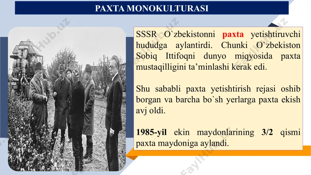 bordi. lekin etishtirilgan paxtaning aksariyati markazga tashib ketildi. orol fojeasi paxta dalalarini sug`orish maqsadida 70-yillarda amudaryo va sirdaryo bo`ylab sug`orish inshoatlarining qurilishi orol sathini 20 metr pasayishiga sabab bo`ldi. natijada orolning sohillari 60-80 km.ga chekindi va dengiz emas 2 ta alohida k`olga aylanib qoladi. dengizning 4 km. kv. maydoni ochilib qolgan atrofga qum va tuz to`zoni bilan xavf sola boshladi. 90 kun davom etadigan bo`ronda 15-75 mln. tonna qumli tuz atmosferaga ko`tariladi va 300-500 km. masofaqa tarqaladi. inomjon buzrukovich usmonxoʻjayev (1930.21.5, bag`dod tumani - 2017.3.17, farg'ona) qatʼiyatsizligi va jurʼatsizligi tufayli markazning tazyiqiga dosh bera olmay, 1984-88-yillarda oʻzbekistonning koʻplab arboblarini “paxta ishi" va “o`zbeklar ishi" degan soxta siyosiy ayblovlar natijasida qatagʻon qilinishiga, xalqning milliy gʻururi va qadriyatlari kamsitilishiga yoʻl qoʻyib berdi oʻzbekiston kompartiyasi mk birinchi kotibi (1983—88). u respublikaga rahbarlik qilgan yillarda vaziyat yomonlashdi. paxta ishi markazdan paxta rejasiga oid bajarib bo’lmas vazifalar kelardi. bunga javoban oʻzbek hukumati “qoʻshib yozish” (raqamlarning …
