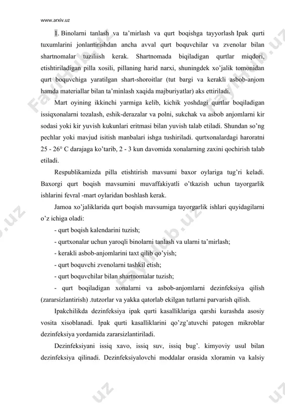 , issiq bug’. kimyoviy usul bilan dezinfeksiya qilinadi. dezinfeksiyalovchi moddalar orasida xloramin va kalsiy gipoxlorid nisbatan keng qo’llaniladi. pillachilik ob’ektlari esa asosan formalin bilan dezinfeksiya kilinadi. inkubatoriya va qurtxonalar, odatda 4% formalin eritmasi bilan dezinfeksiya qilinadi, 4% li dezinfeksiyalovchi eritmani tayyorlash uchun qo’shiladigan suv miqdori qouyidagi formula yordamida aniqlanadi: x-4% c------------------- 4% bunda: c-4% li formalin eritmasini tayyorlash uchun qo’shiladigan suv miqdori; x-zavoddan keltirilgan formalinning pasportidagi konsentrasiyasi. eritma dezinfeksiya ishlarni boshlashdan taxminan 1 soat avval tayyorlanadi. aks xolda eritmadagi xlor xavoga ko’tarilib ketadi. tayyor eritmadan 7 - 8 soat davomida foydalanish lozim. 3 m2 satxga 1 litr eritma purkaladi. qurtxonalarda dezinfeksiyani boshlashdan avval xavo harorati 24 -- 25° c ga ko’tariladi. 2. ipak qurtni boqish agrotexnikasi. ipak qurtlarini parvarish qilishda har bir yoshi uchun talab etiladigan agrotexnika qoidalariga to’liq rioya qilish talab etiladi ipak qurtlari o’zining 23 - 25 kundan iborat qurtlik davrida pilla o’ragunga qadar 4 marotaba po’st tashlab …