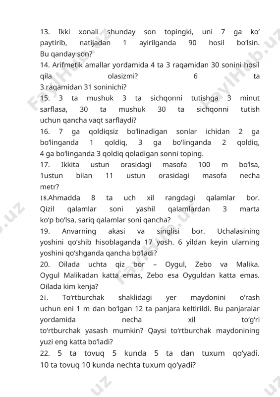 itob olib kelindi. bitta bog‘lamda 20 ta kitob bo‘lsa, jami nechta kitob olib kelingan? qaysi nashriyotdan ko‘proq kitob keltirilgan? 4. 20 ■ x = 80 x ■ 6 = 180 <17* yechilishini tushuntiring: 2 o‘nlik + 2 o‘nlik+2 o‘nlik = 6 o‘nlik 2 o‘nlik ■ 3 = 6 o‘nlik. demak: 20 ■ 3 = 60. ko‘paytuvchilarning o‘rni almashgani bilan ko‘paytma o‘zgarmaydi. 20 ■ 3 = 60. demak: 3 ■ 20 = 60. 2) 30 ■ 4 = □ 30 ■ 4 = 3 ■ 10 ■ 4 = 3 ■ 4 ■ 10 = 12 ■ 10 = 120 ko‘paytuvchilarni guruhlab ko‘paytirish mumkin. 5. rasm asosida masala tuzing va yeching: 6.birinchi bino qurilishi uchun 160 kg, ikkinchi bino qurilishi uchun undan 40 kg kam mix jo‘natildi. dastlab omborda 300 kg mix bo‘lgan bo‘lsa, qurilishga jo‘natilganidan so‘ng necha kilogramm mix qoldi?