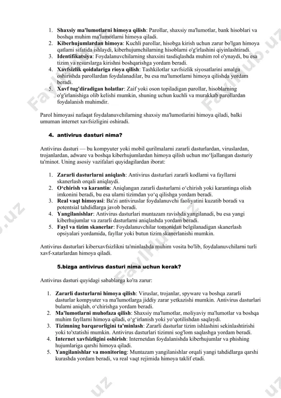 'lim va xabardorlik: foydalanuvchilarni xavfsizlik muammolari haqida xabardor qilish va ularga ehtiyotkorlik qoidalarini o‘rgatish. bu tushunchalar internetda xavfsizlikni ta'minlashda muhim rol o‘ynaydi va foydalanuvchilarni himoya qilishda yordam beradi. 3. parol himoyasi nima uchun muhim? parol himoyasi juda muhim, chunki u quyidagi sabablarga ko'ra foydalanuvchilar va ma'lumotlar xavfsizligini ta'minlaydi: 1. shaxsiy ma'lumotlarni himoya qilish: parollar, shaxsiy ma'lumotlar, bank hisoblari va boshqa muhim ma'lumotlarni himoya qiladi. 2. kiberhujumlardan himoya: kuchli parollar, hisobga kirish uchun zarur bo'lgan himoya qatlami sifatida ishlaydi, kiberhujumchilarning hisoblarni o'g'irlashini qiyinlashtiradi. 3. identifikatsiya: foydalanuvchilarning shaxsini tasdiqlashda muhim rol o'ynaydi, bu esa tizim va resurslarga kirishni boshqarishga yordam beradi. 4. xavfsizlik qoidalariga rioya qilish: tashkilotlar xavfsizlik siyosatlarini amalga oshirishda parollardan foydalanadilar, bu esa ma'lumotlarni himoya qilishda yordam beradi. 5. xavf tug'diradigan holatlar: zaif yoki oson topiladigan parollar, hisoblarning o'g'irlanishiga olib kelishi mumkin, shuning uchun kuchli va murakkab parollardan foydalanish muhimdir. parol himoyasi nafaqat foydalanuvchilarning shaxsiy ma'lumotlarini himoya qiladi, balki umuman …
