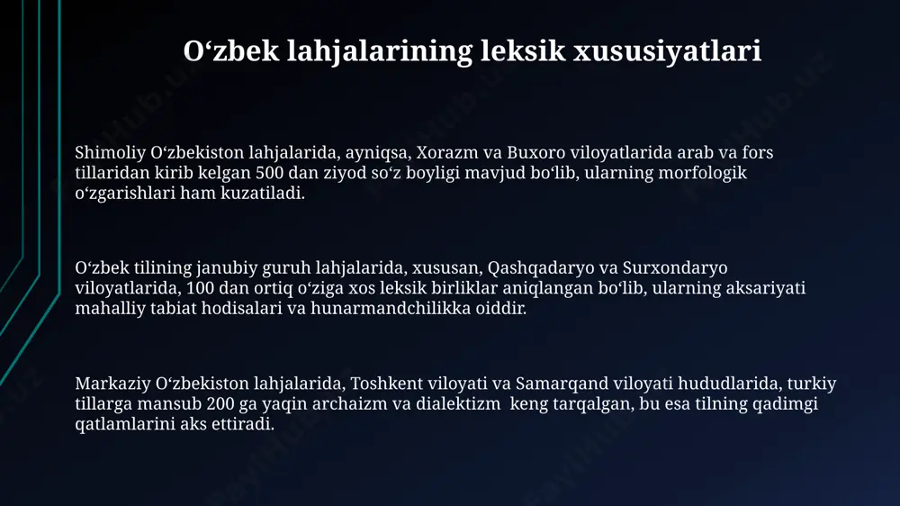 boshlandi, bu esa aniqroq natijalarga olib keldi. 20-asrning 70-yillaridan boshlab, ishlatilgan geolingvistik xaritalar va keng miqyosli soʻrovnomalar orqali uzbekistonning turli hududlaridagi dialektlarning geografik tarqalishi batafsil oʻrganilgan. oʻzbek lahjalari atlasi va lugʻatlari yaratilishi oʻzbek lahjalari lugʻatida 10 000 dan ortiq soʻz va iboralar, ularning fonetik variantlari, geografik tarqalishi va semantik xususiyatlari, shuningdek, fargʻona vodiysidagi dialektal xususiyatlar batafsil bayon etilgan. oʻzbek lahjalari atlasi yaratilishida 1960-yillarda toshkentda joylashgan ilmiy muassasalar tomonidan olib borilgan keng koʻlamli dala tadqiqotlari muhim rol oʻynadi, 50 dan ortiq shahar va qishloqlardan namunalar toʻplangan. atlas va lugʻatlar ustida 20 dan ortiq tilshunos va geografiya mutaxassislari samarqand, buxoro va xivada oʻtkazilgan tadqiqotlar natijalarini tahlil qilib, fonetika va leksik xususiyatlarni hududiy tarqalishini aniqlashgan. xx asr boshlarida oʻzbek lahjalari toʻgʻrisida maʼlumotlar oʻzbekiston hududida 20-asr boshlarida yig'ilgan til materiallari soni nisbatan kam bo'lib, asosan xalq og'zaki ijod namunalari va mahalliy aholi bilan olib borilgan qisqa suhbatlarga asoslangan edi. 20-asr boshlarida rossiya imperiyasi tarkibida …