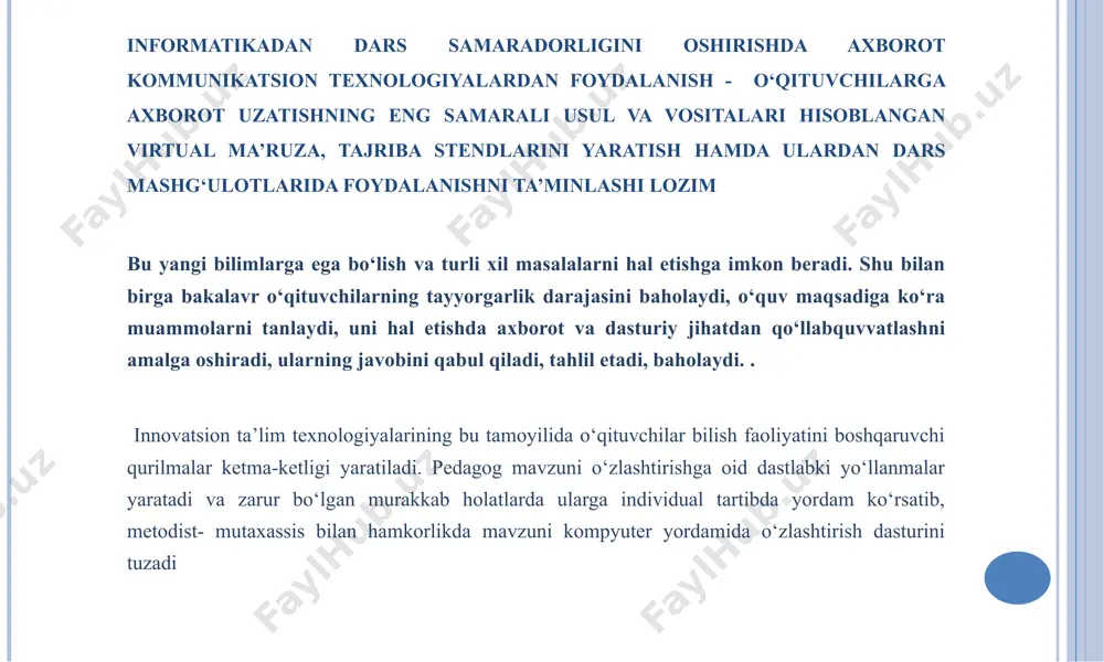 i; elektr energiyasini talab etilishi. multimedia mahsulotlari ta’lim tizimidagi o‘quv faoliyatining turli shakllarini axborot bilan qo‘llab-quvvatlash uchun mo‘ljallangan. ular: fanlar bo‘yicha ma’ruzalar o‘qish (komputerdan mavzuga oid sonli, chizma va boshqa ko‘rgazmali materiallarni ko‘rsatish uchun “e’lonlarning elektron doskasi” sifatida foydalanish); amaliy mashg‘ulotlar o‘tkazish. multimedia- materiallar bakalavr o‘qituvchilar tomonidan o‘rganilayotgan darsga oid mantiqiy vazifalarni mustaqil yechish malaka va qobiliyatlarni egallashning vositasi sifatida foydalaniladi. laboratoriyalarda kompyuterda modellashtirish vositalaridan foydalanadilar; imtihonlar, kurs va diplom ishlarini himoya qilish kabilarda bakalavr o‘qituvchilarning bilim hamda qobiliyatlarini nazorat qilish; ilmiy va kasbiy malakani oshirishga yo‘naltirilgan ilmiy-uslubiy seminarlar, konferentsiyalar va ko‘rgazmalar o‘tkazish; multimediadan masofali o‘qitishda foydalanish. hozirga zamon axborot texnologiyalarini amalga oshirishning eng muhim misollari: kompyuter texnikasi hozirgi vaqtda tezkorlik bilan rivojlanmoqda. bu eng avvalo operativ xotira hajmi, vinchesterli disketlar tashqi xotirasi hajmi kabi texnik xarakteristikalarning yangilanishiga xos bo‘lib, ularda tezkorlik oshmoqda. bundan tashqari lazerli printerlar, yuqori hal etish qobiliyatiga ega bo‘lgan rangli monitorlar, bosma plotterlar keng tarqaldi. video …