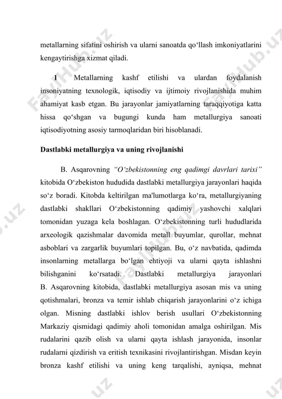 di. metalldan foydalanish faqat bir guruh kishilar, ya’ni metallurgiya sohasida mutaxassis bo‘lgan ustalar va hunarmandlar tomonidan amalga oshirilgan. bu, o‘z navbatida, ijtimoiy tabaqalanishga olib keldi. metall ishlov berish va uning natijasida olingan buyumlar savdosi, iqtisodiy faoliyatning alohida sohalarini tashkil etdi. shuningdek, metallni ishlab chiqarish va undan foydalanish orqali jamiyatda ijtimoiy ierarxiya shakllandi. metall ishlab chiqarish va sotish bilan shug‘ullanuvchi elitalar o‘zlarining iqtisodiy qudratini oshirdi, shu bilan birga qishloq xo‘jaligi va harbiy sohalarda ham yangiliklar kiritildi. metall ishlov berish jarayonida yangi ijtimoiy guruhlar (ustalar, savdogarlar, quruvchilar va boshqalar) shakllandi va bu guruhlar jamiyatda alohida mavqe egalladi. metallning iqtisodiy hayotga ta’siri metallning kashf etilishi iqtisodiyotda ham katta o‘zgarishlarga sabab bo‘ldi. g. childe bu borada metallning yangi savdo aloqalarini yaratishdagi ahamiyatini ta’kidlaydi. metall qurollar, asbob-uskunalar va boshqa buyumlar ishlab chiqarish yangi iqtisodiy faoliyat turlarini yaratdi. metall ishlab chiqarish jarayoni savdo, sanoat va qishloq xo‘jaligiga ta’sir ko‘rsatdi, chunki metall buyumlar ishlab chiqarish va ular …